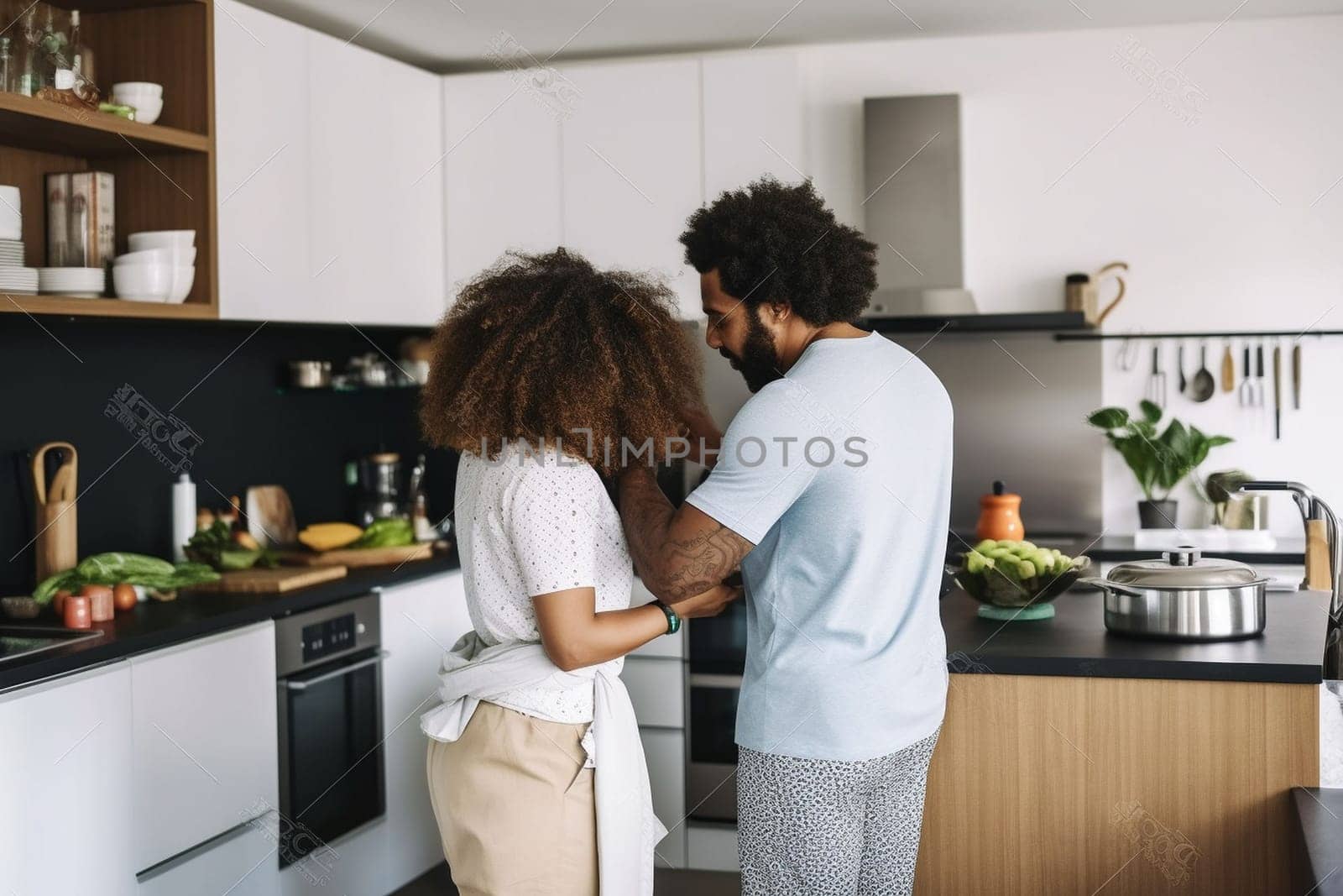 Beautiful young couple preparing a healthy meal together while spending free time at home. Secret ingredient is love. by Costin