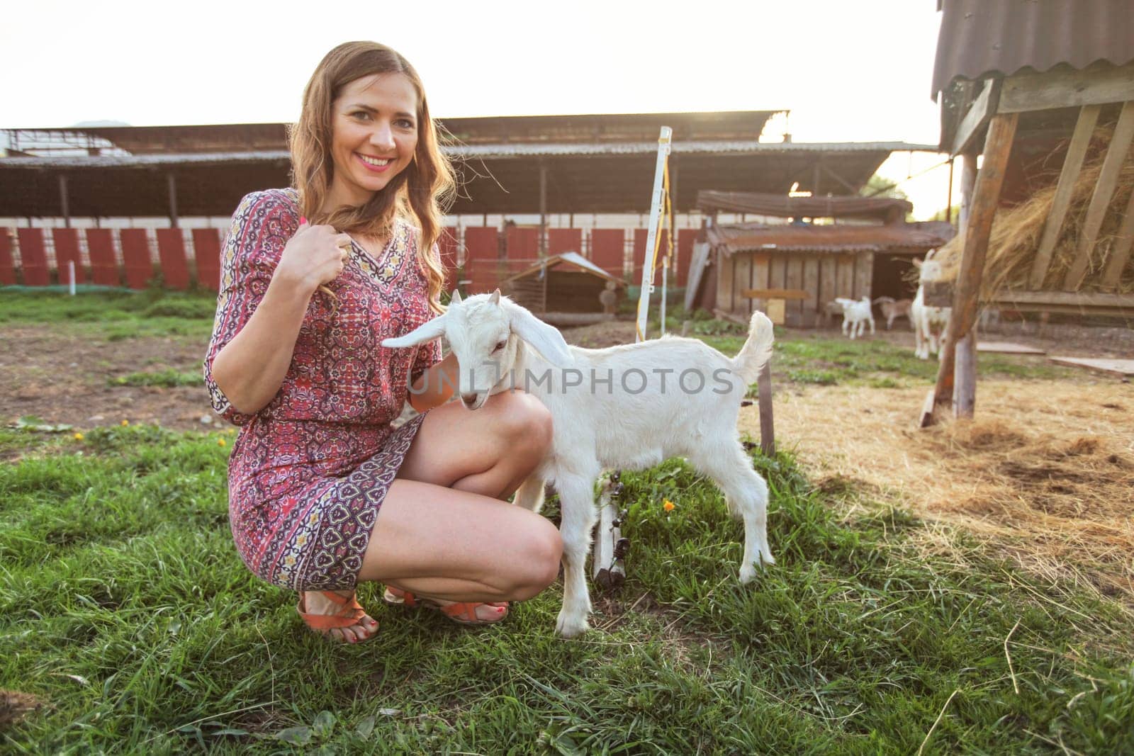 Young woman crouching, playing with goat kid, smiling, farm behind her. by Ivanko