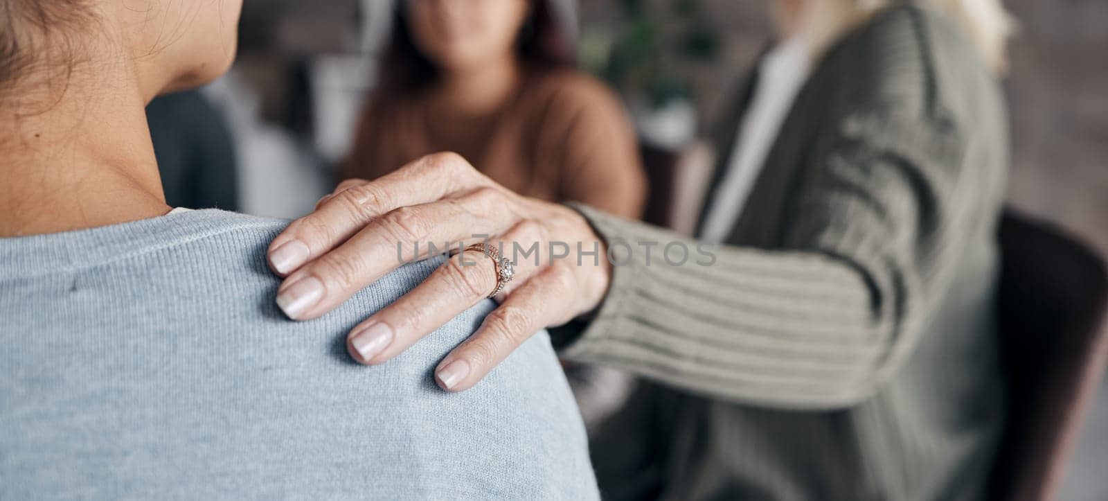 Closeup, hand and old woman support friend, solidarity and community with sympathy and therapy. Zoom, touching shoulder for grief and female with love, compassion or group with loss and communication by YuriArcurs