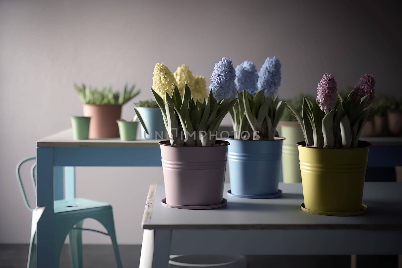 Several iron multicolored pots with a variety of flowering hyacinths stand on a light table, indoor. Ai generative. Close up