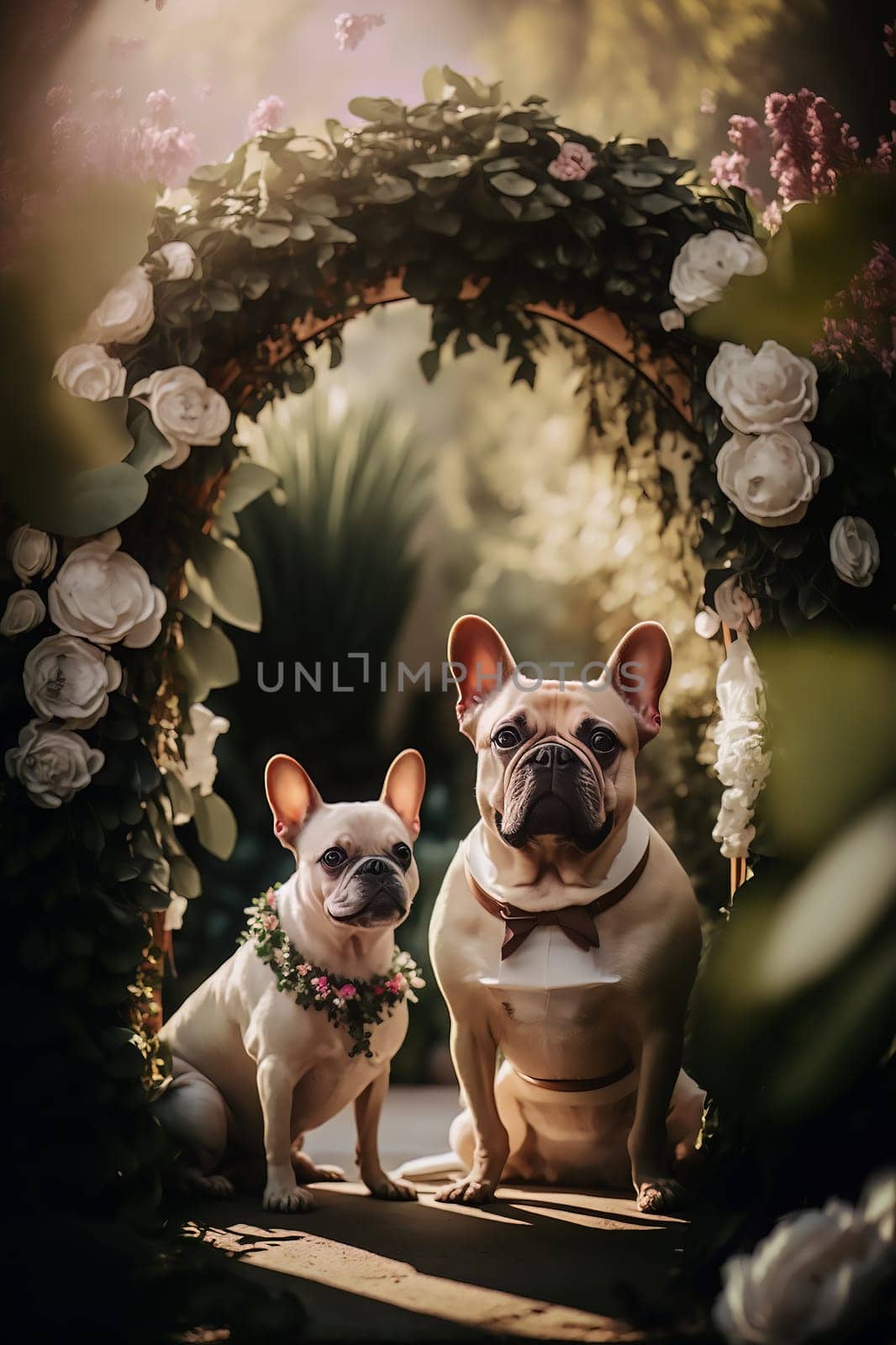 A pair of white French bulldogs, sitting on a sunny day, in the garden, under a white flower arch. Ai generative. Vertical. Copy space