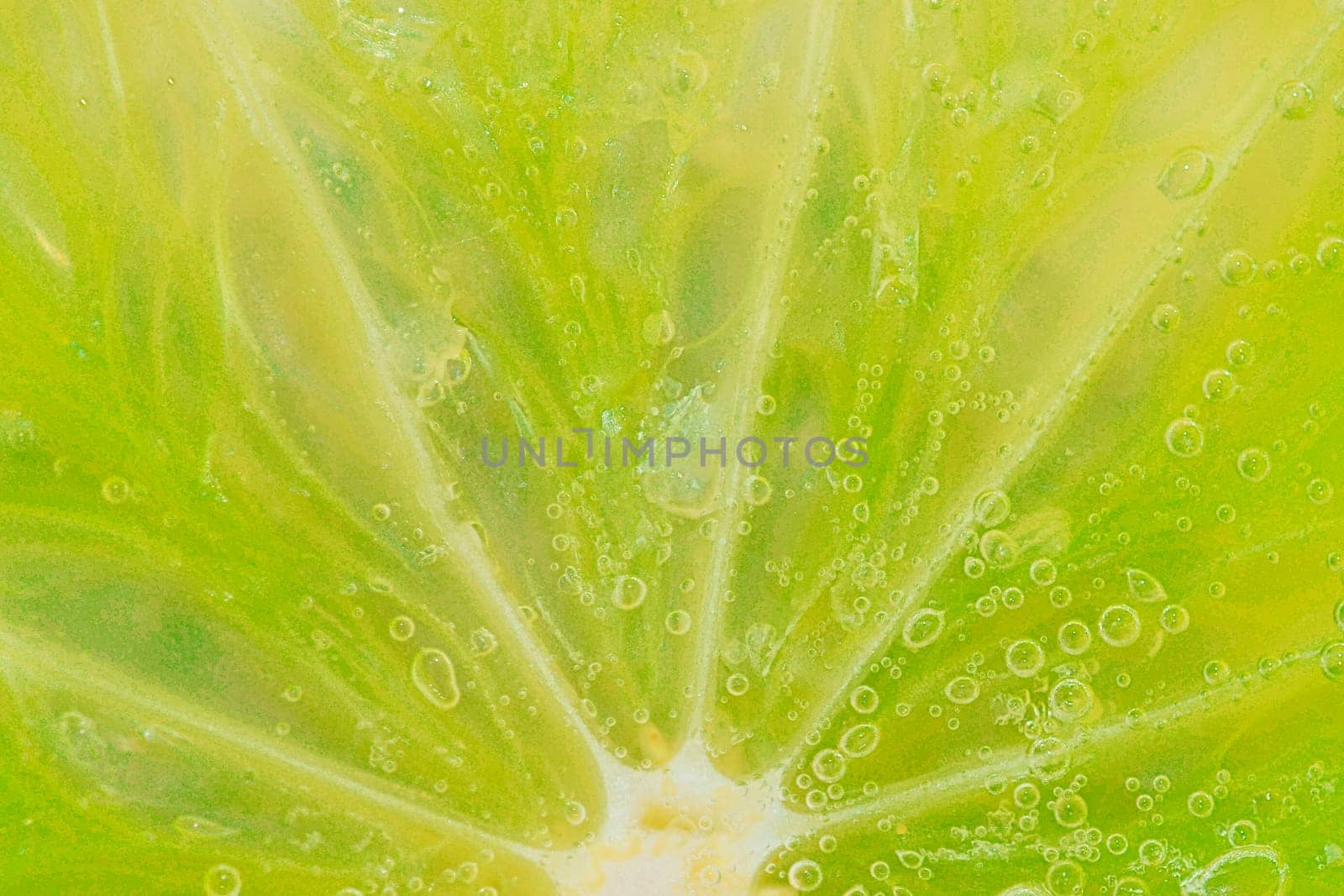 Close-up of a lime slice in liquid with bubbles. Slice of ripe lime in water. Close-up of fresh lime slice covered by bubbles. Macro horizontal image