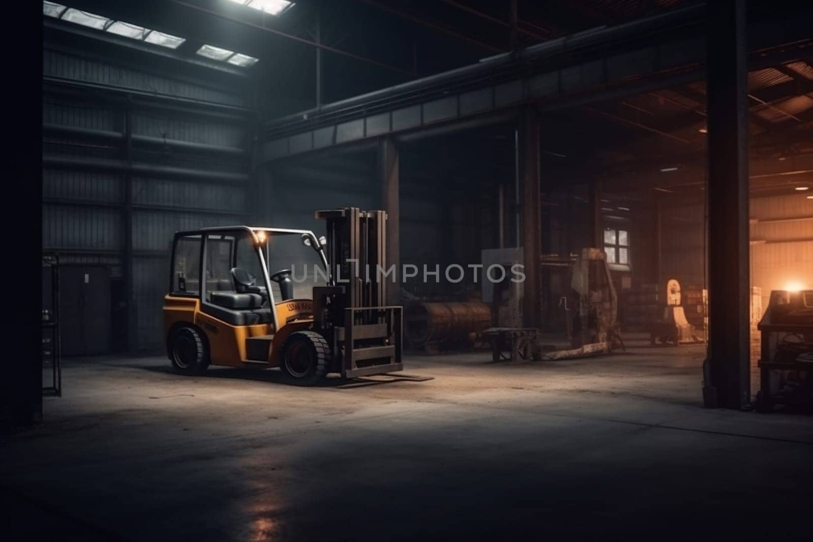 distribution cargo delivery logistic vehicle transportation stockpile machine truck warehouse facility loading storage industry shipping box handling rack moving forklift. Generative AI.