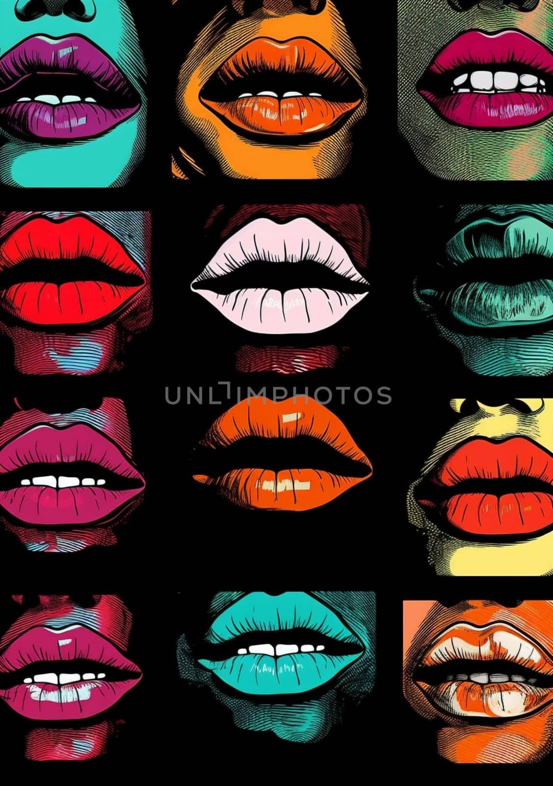 woman mouth print vintage isolated art lips lipstick kiss glamour grunge illustration poster beauty female abstract halftone crazy background glossy. Generative AI.
