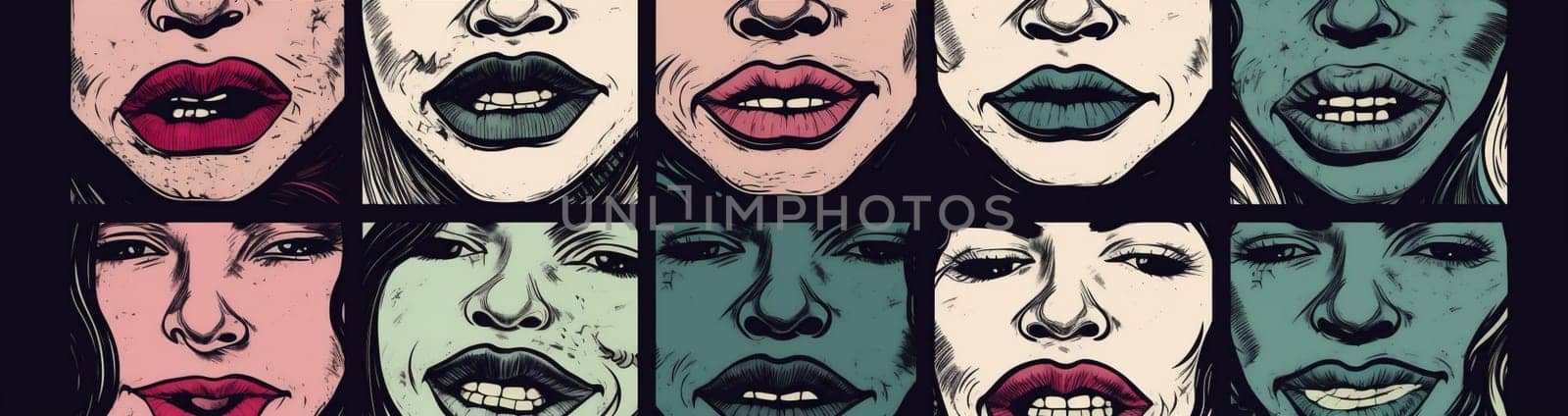 poster woman sensual graphic kiss pop vintage punk lips shape cartoon background abstract mouth lipstick passion female illustration art grunge white. Generative AI.
