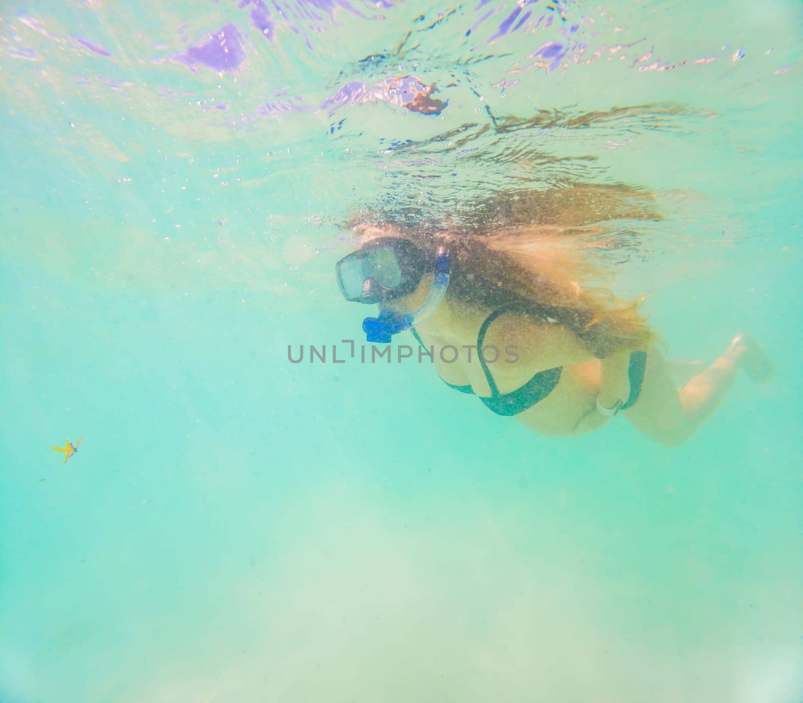 Pregnant woman underwater swimming in tropical sea. Healthy and active pregnancy. Young expecting mom on summer beach vacation before baby birth. Swim holiday and water fun. Travel during pregnancy. Underwater photography by galitskaya