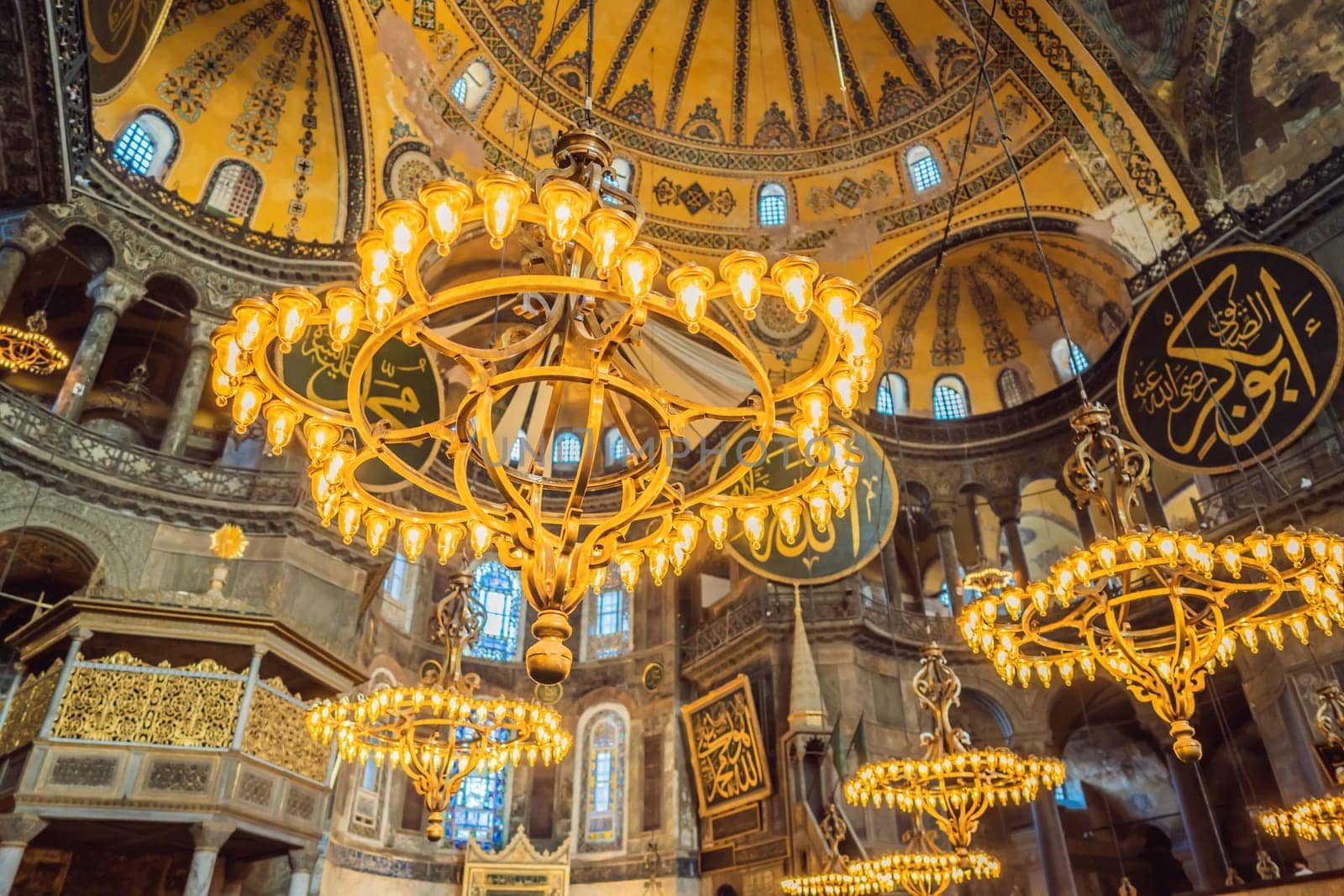 INSCRIPTION - large round medallions with inscriptions denoting the names of Allah, the Prophet Muhammad, as well as the first 4 caliphs. Hagia Sophia Hagia Sofia, Ayasofya interior in Istanbul, Turkey, Byzantine architecture, city landmark and architectural world wonder. Turkiye.