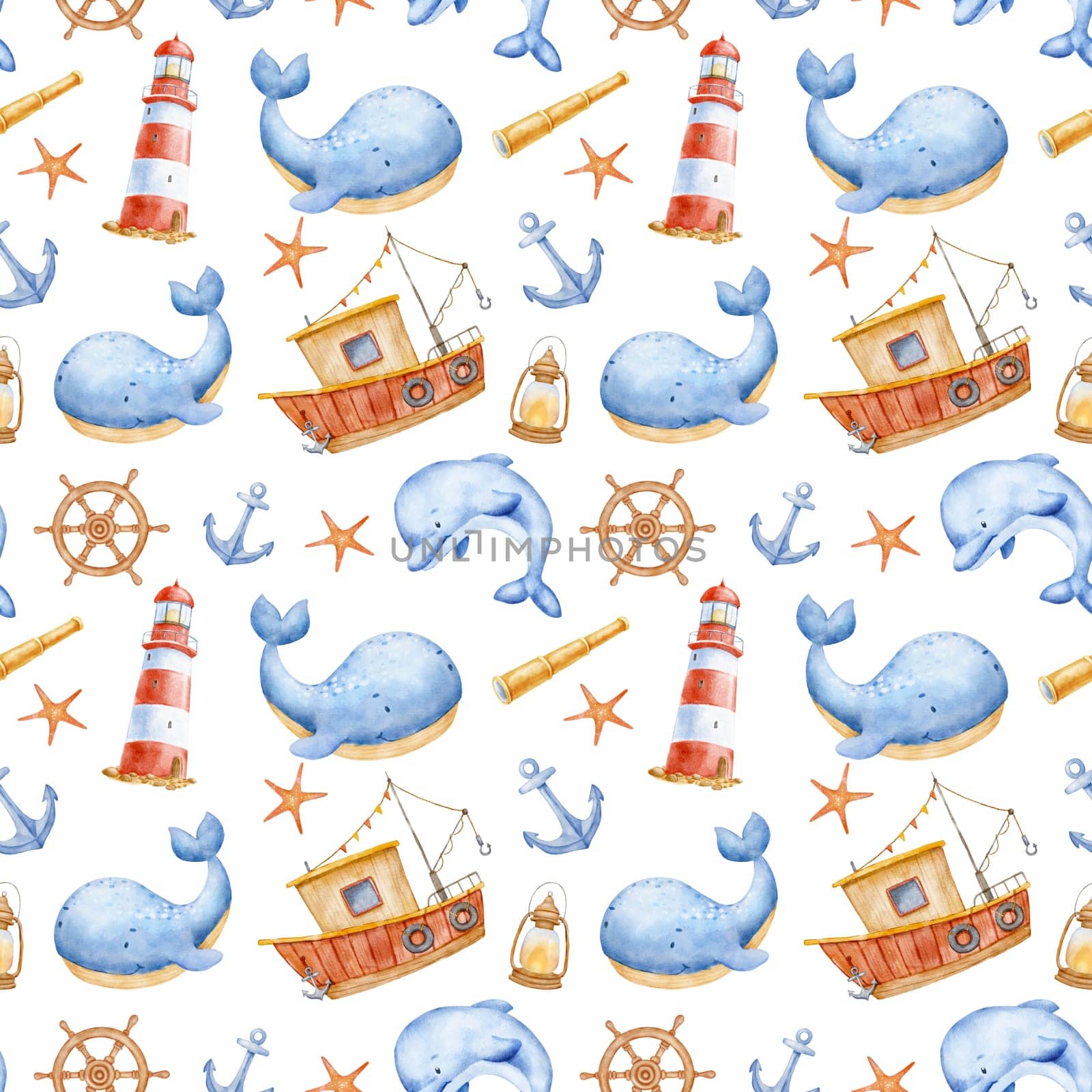 Cute watercolor nautical seamless pattern with sea animals characters and boat. Funny ocean background by ElenaPlatova