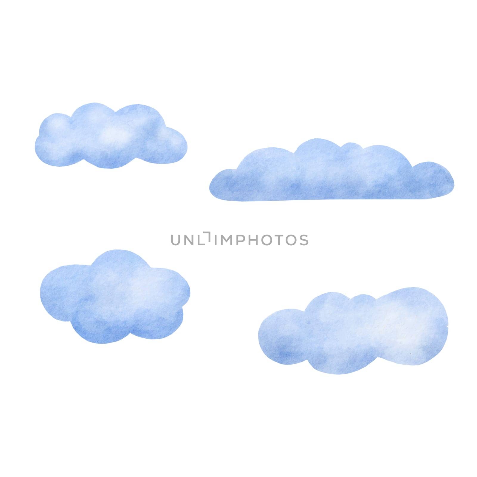 Cloud shapes collection. Set of Cloud different forms. Watercolor cute illustration isolated on white background