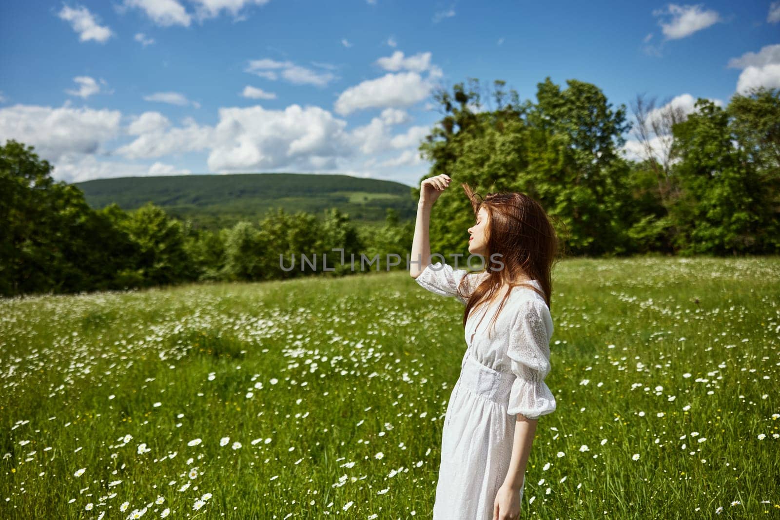 portrait of a woman in a light dress in a chamomile field turning her face away from the camera. High quality photo