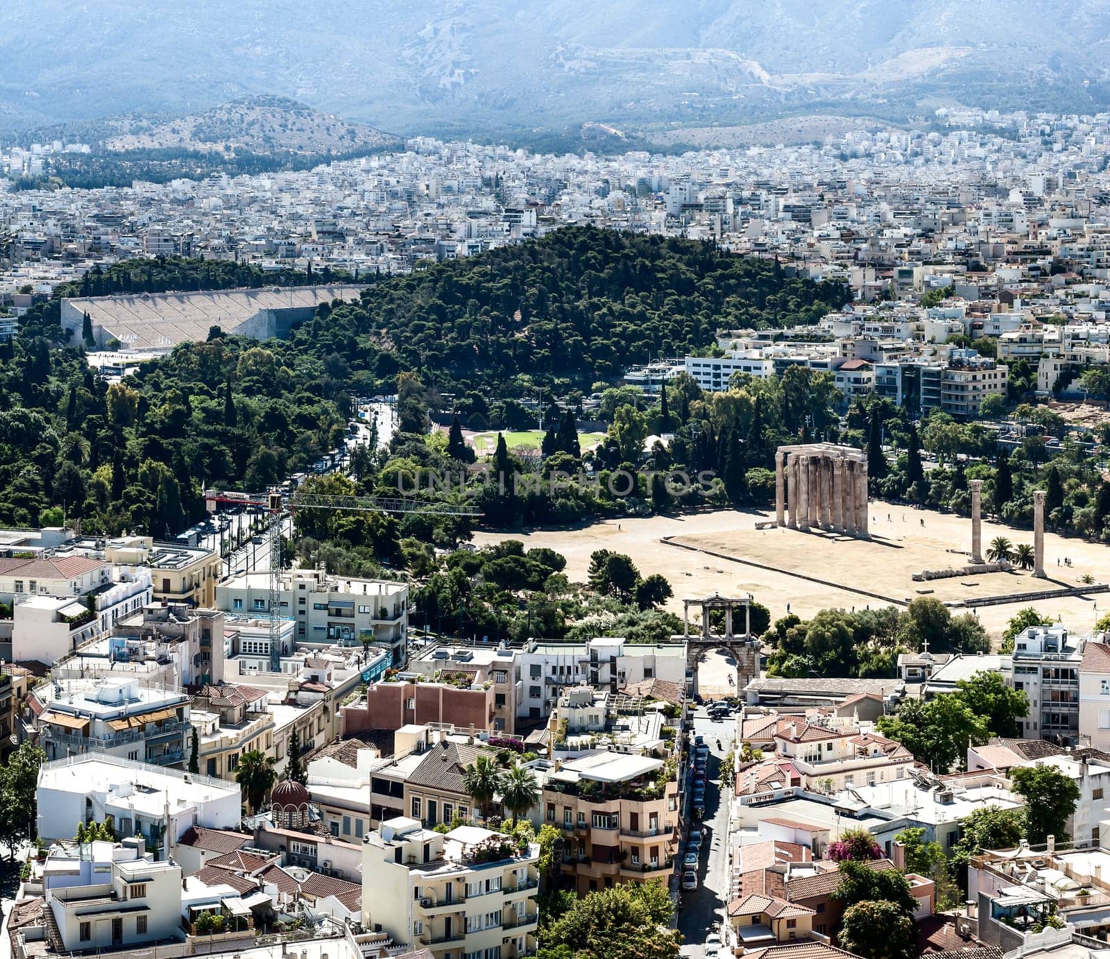 view of Athens with Temple of Zeus Olimpo and Panathenaic stadium