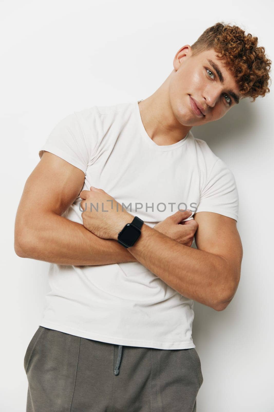 man handsome attractive sport wrist watch background standing naked shirtless body by SHOTPRIME