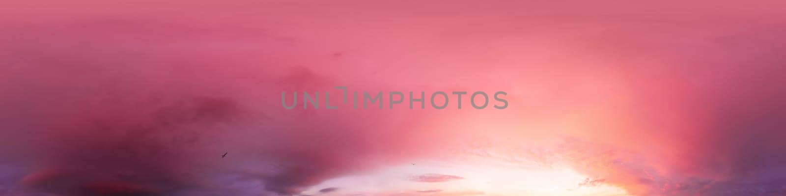 Sunset sky panorama with dramatic bright glowing pink Cumulus clouds. HDR 360 seamless spherical panorama. Full zenith or sky dome for 3D visualization, sky replacement for aerial drone panoramas. by Matiunina