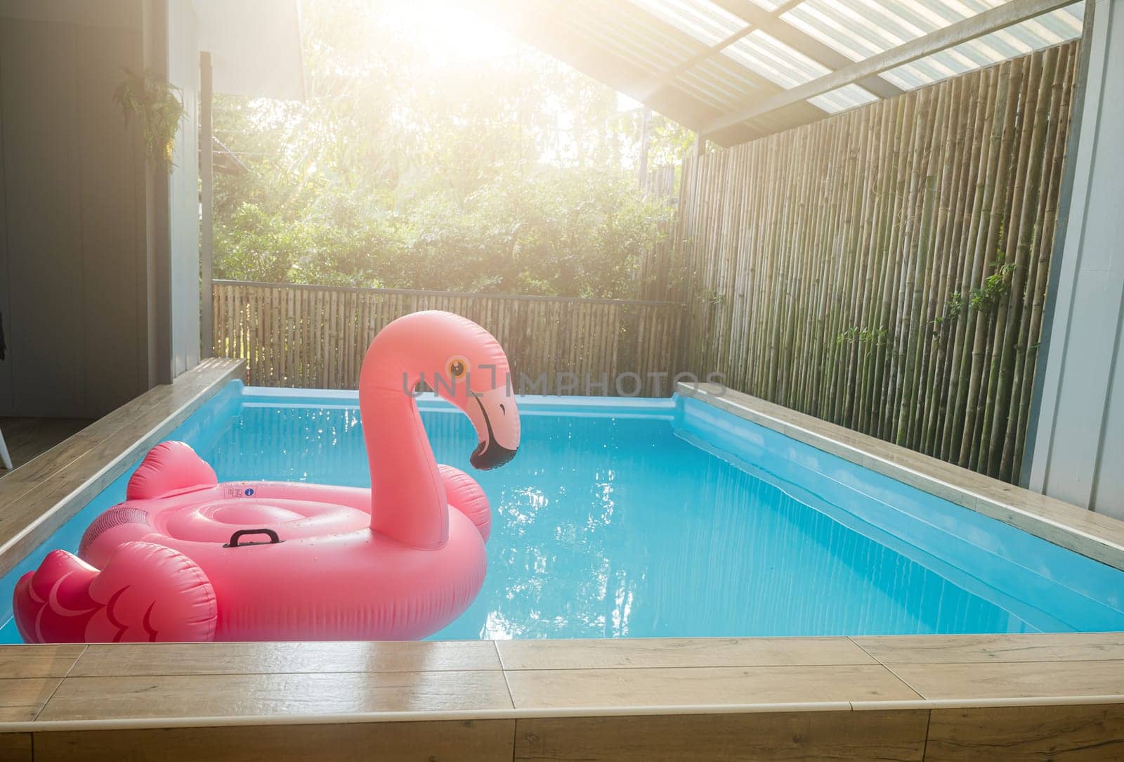 Pink inflatable ring flamingo plastic in the swimming pool blue water by Sorapop