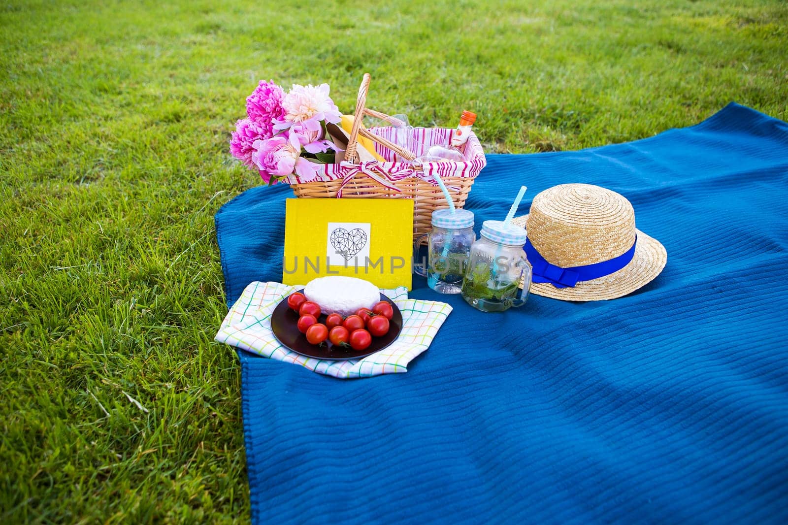 Beautiful flowers in a basket and yellow album lie on the grass-bright picnic