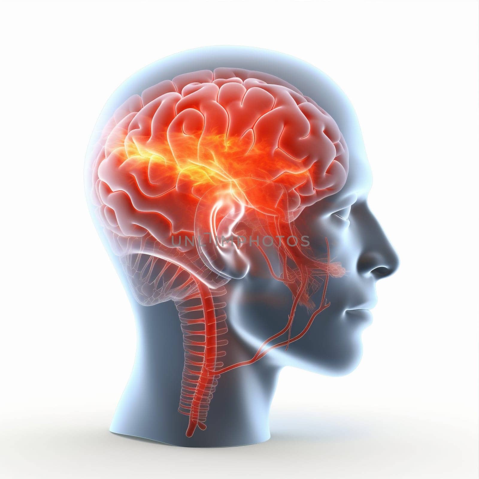 medical brain head medicine blue red x-ray anatomy pain headache. Generative AI. by SHOTPRIME