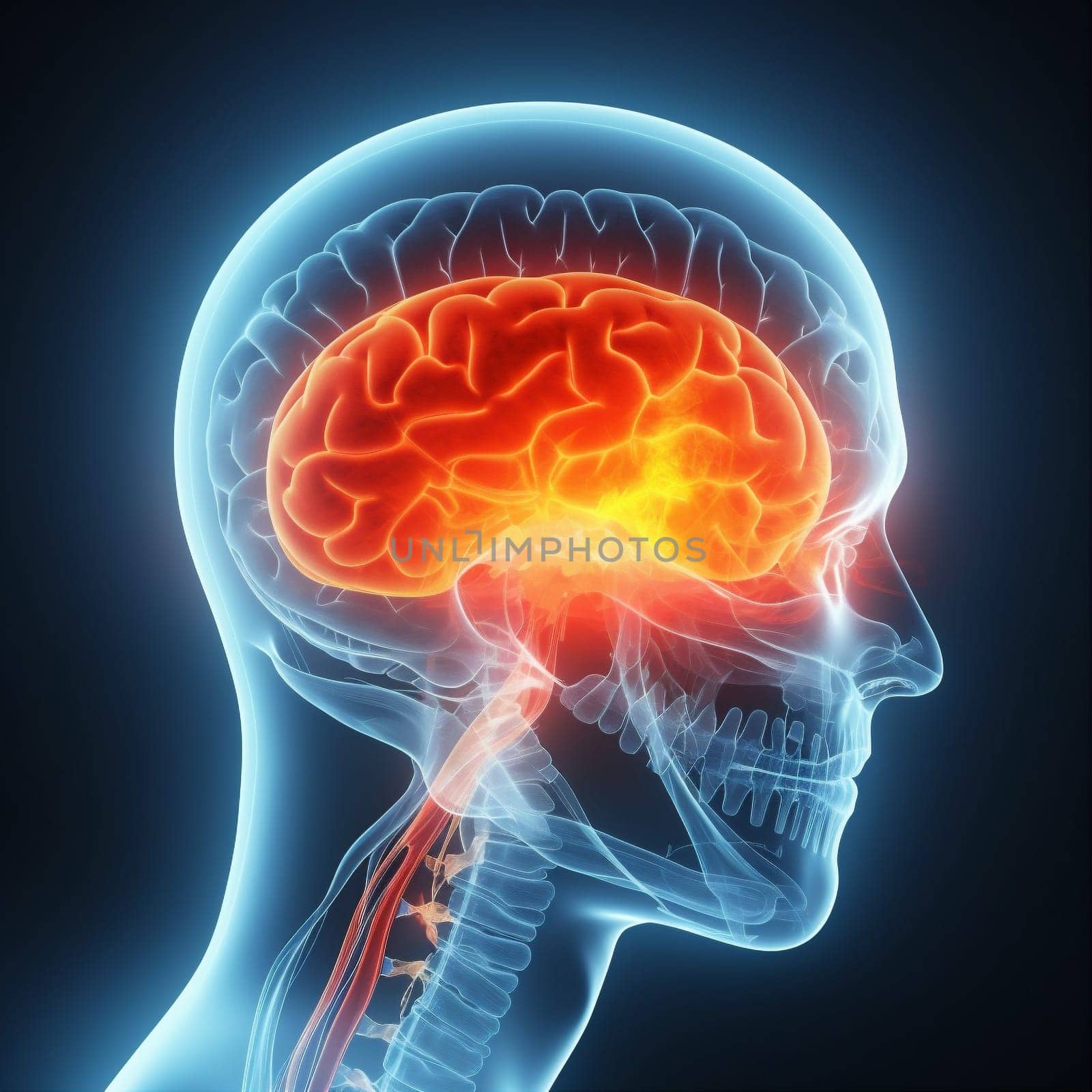 man stress painful ray inside red health pain anatomy head concept headache medicine body blue brain person medical x-ray biology. Generative AI.