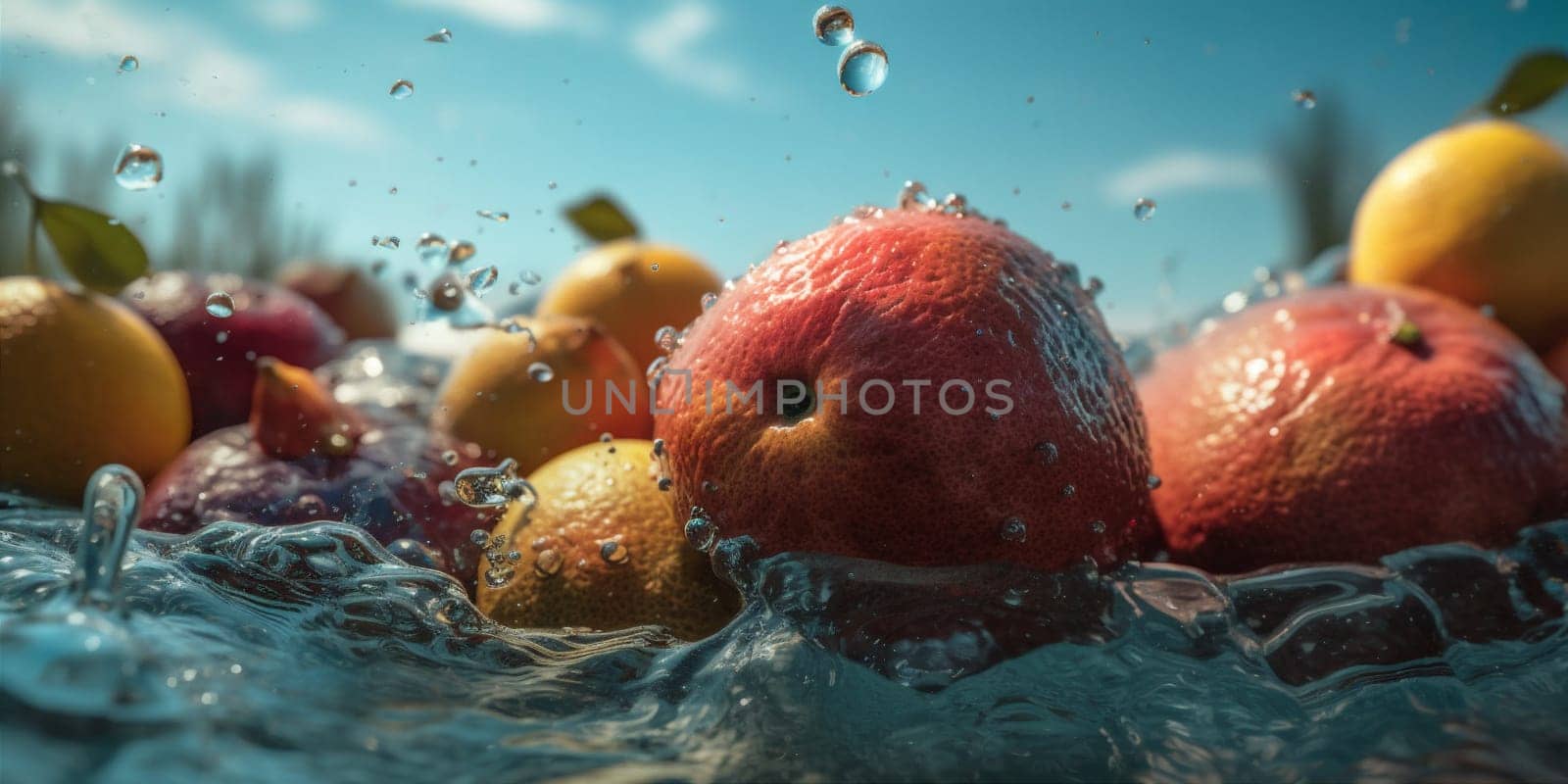 white water food berry grape background drop natural splash fresh clean vitamin splashing lemon healthy copy space citrus fruit green banana strawberry. Generative AI.