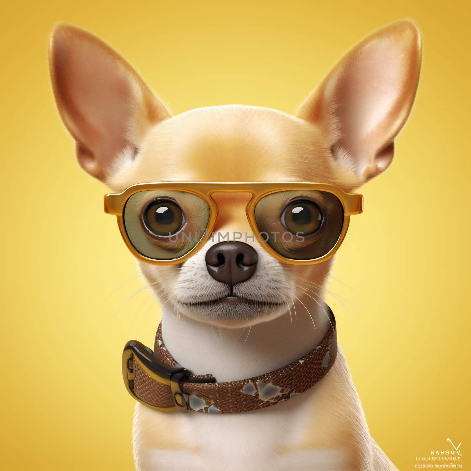 puppy dog cute glasses portrait chihuahua animal canino yellow pet background. Generative AI. by SHOTPRIME