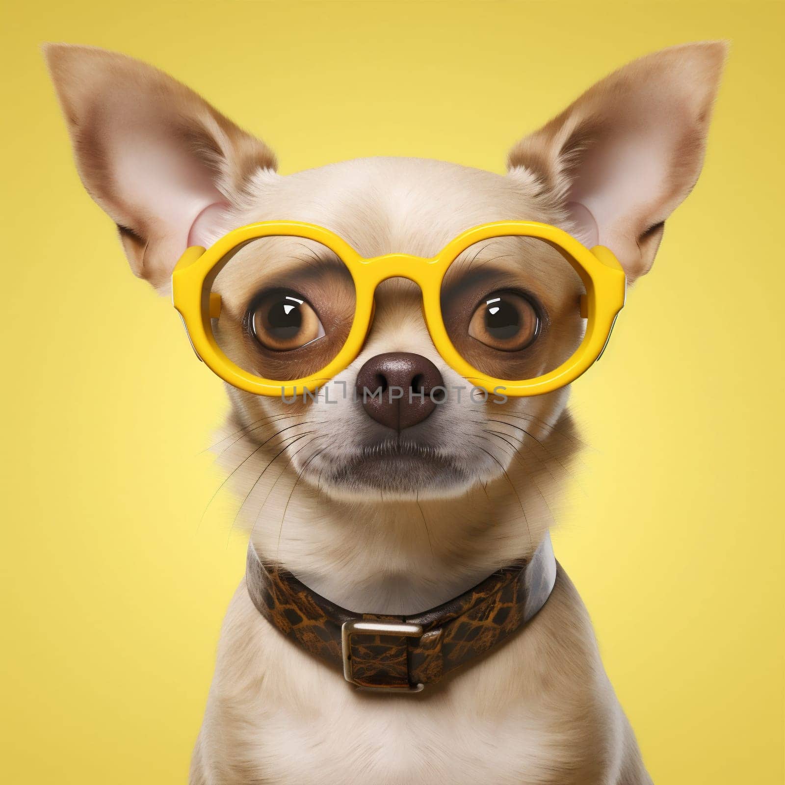friend dog background animal little funny concept doggy clever cute isolated yellow chihuahua glasses young fun pet happy puppy portrait canine. Generative AI.