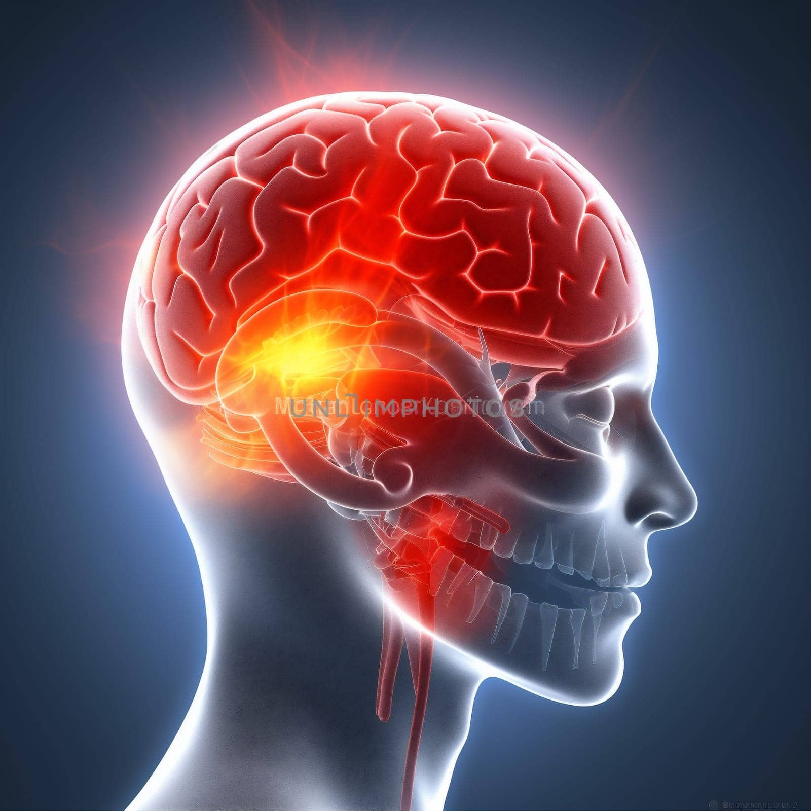 headache pain medicine red head x-ray medical blue brain anatomy. Generative AI. by SHOTPRIME