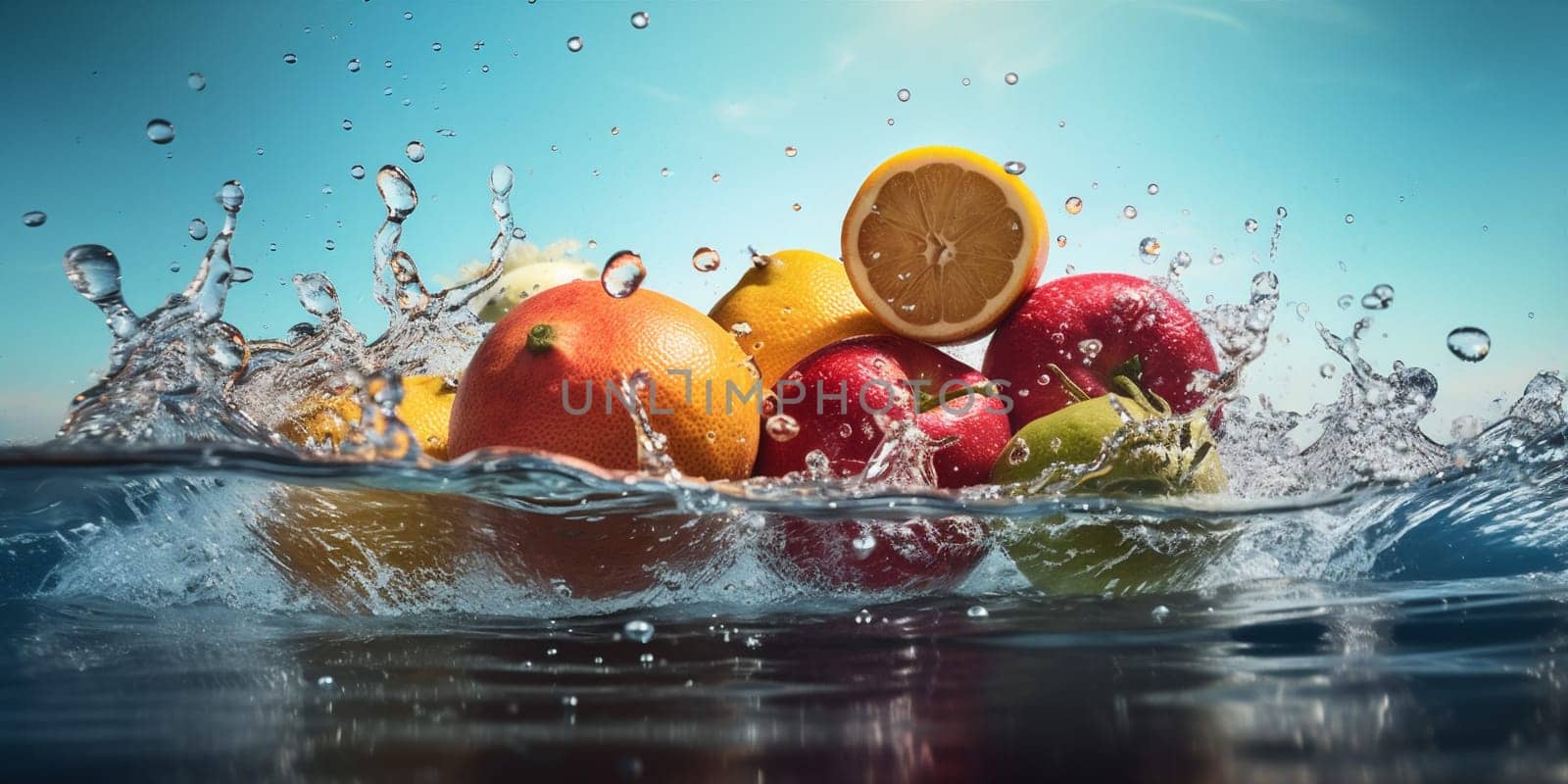 splashing vitamin fresh water background food fruit drop green strawberry healthy. Generative AI. by SHOTPRIME