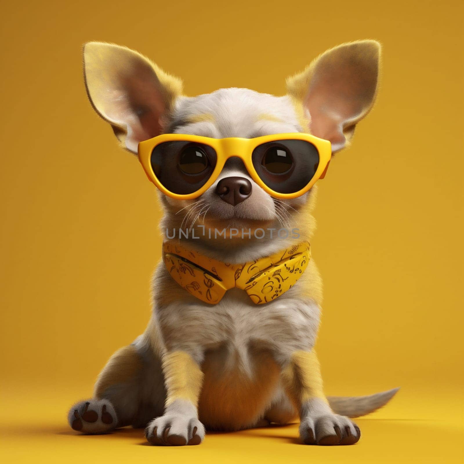 cute dog chihuahua studio pedigree portrait glasses puppy canino background cool tie smart adorable yellow isolated fun humor animal pet doggy. Generative AI.