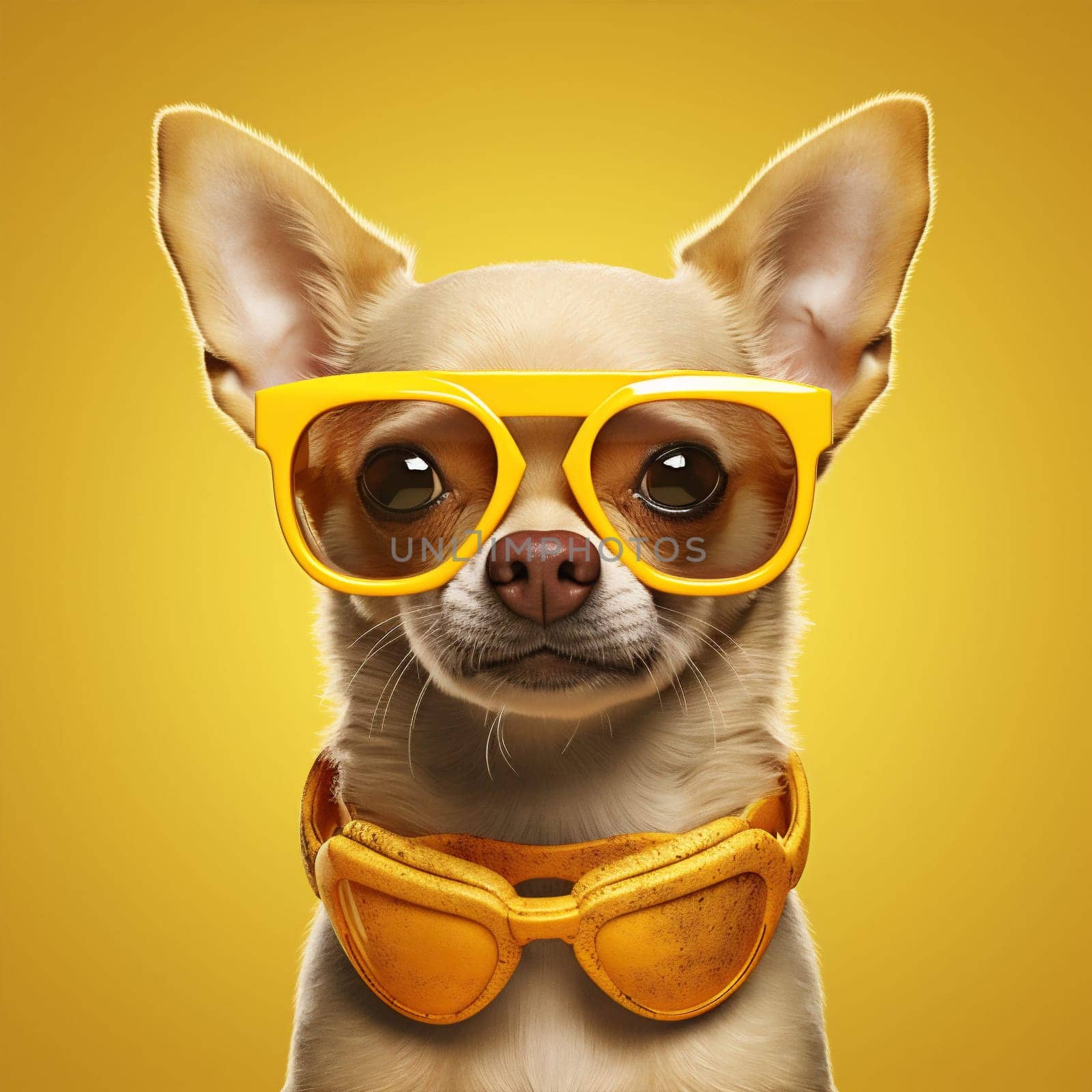 portrait dog cool looking copy funny white purebred yellow chihuahua pet space tie animal puppy adorable canino cute collar little background glasses. Generative AI.