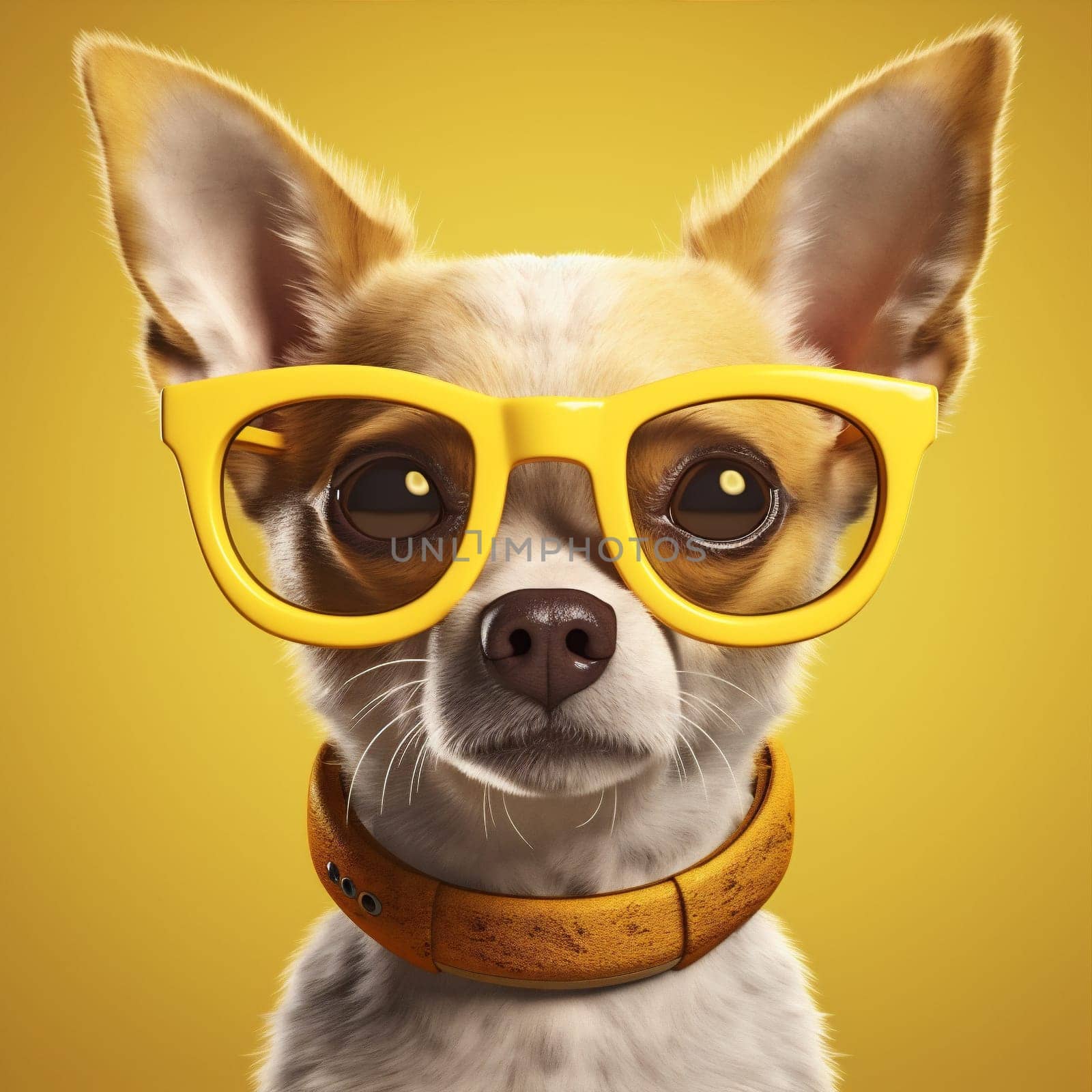 pet dog chihuahua portrait glasses looking cute animal yellow background puppy. Generative AI. by SHOTPRIME