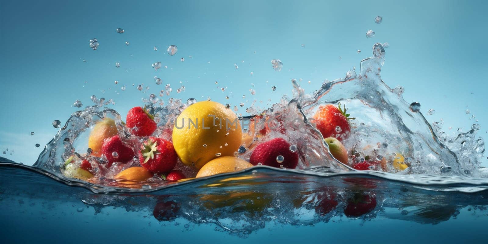 fresh healthy water green background fruit food strawberry drop delicious vitamin. Generative AI. by SHOTPRIME