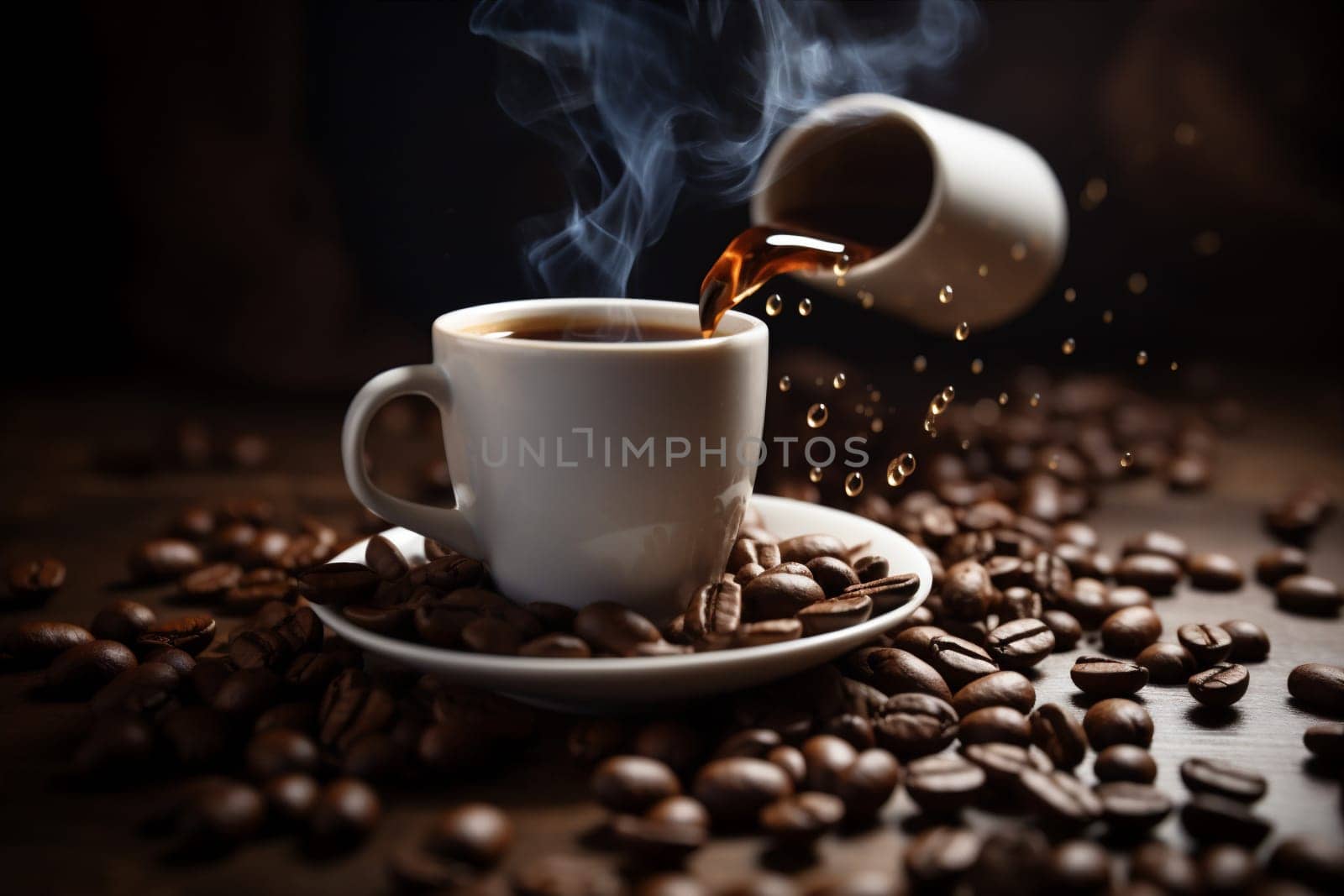 background closeup hot cafe drink bean espresso roasted beverage wood grain drink style brown cup roast morning breakfast dark mug aroma. Generative AI.