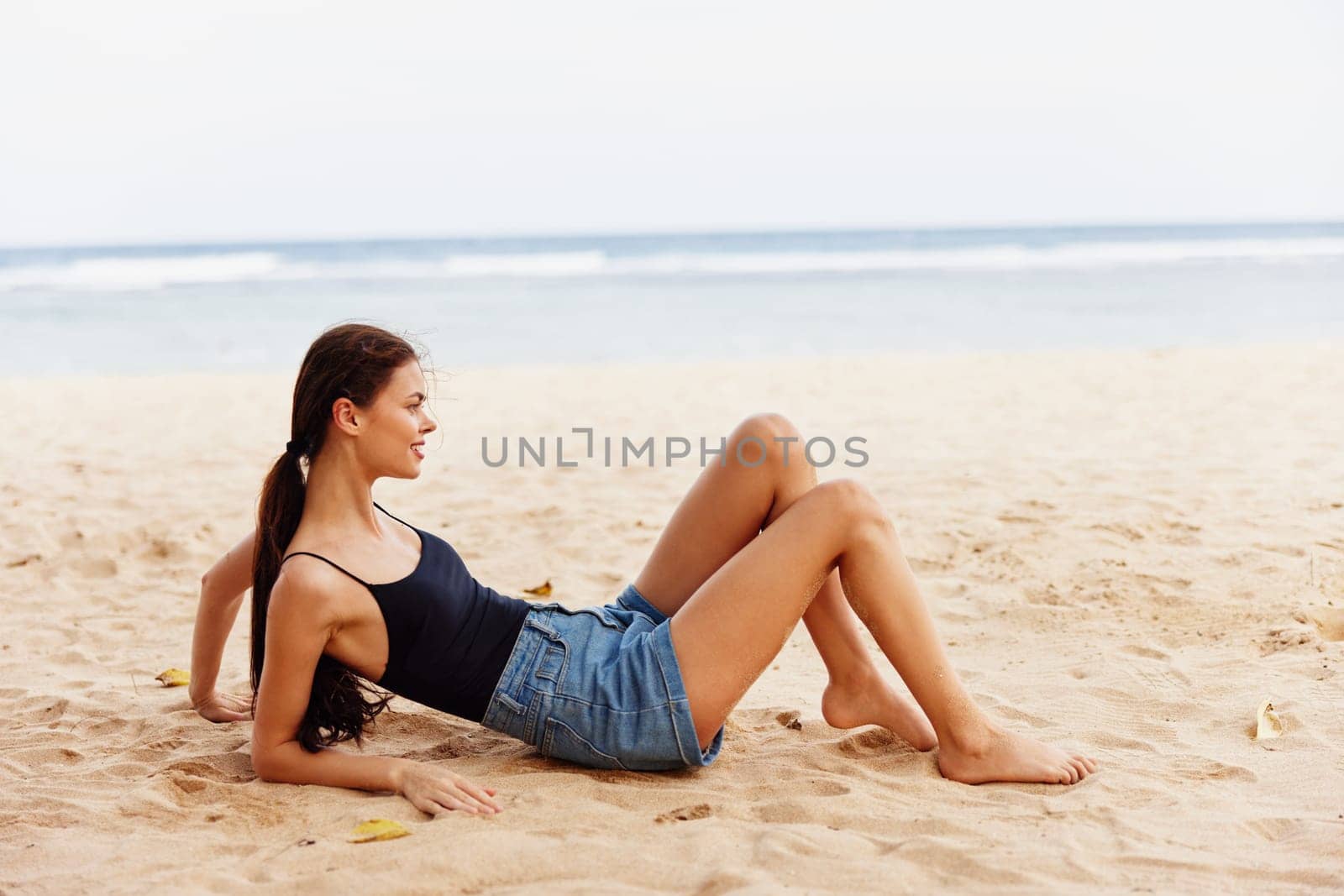 travel woman sea sand freedom sitting smile beach nature vacation tropical by SHOTPRIME