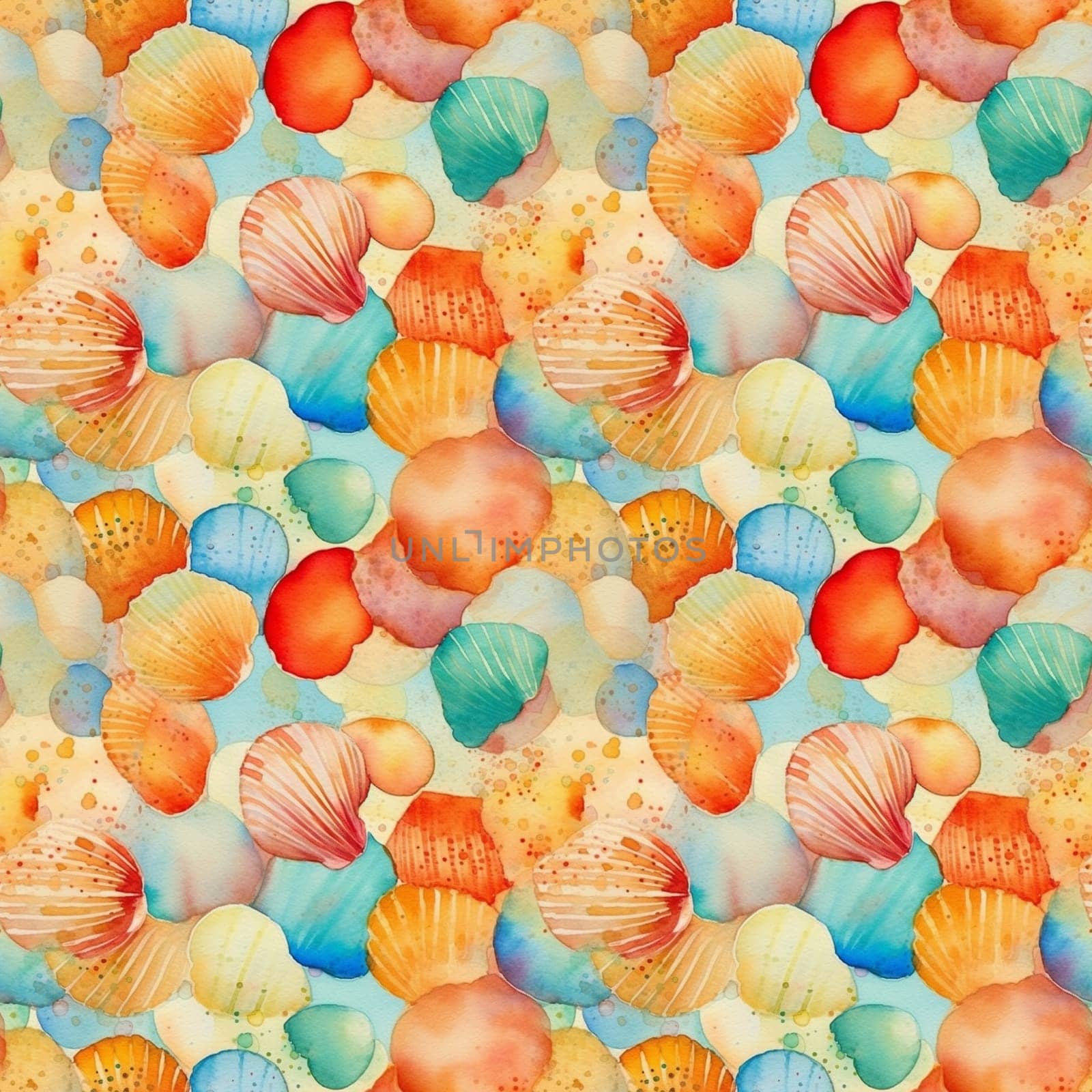 Seamless pattern: watercolor illustration of seashells and pebbles on the sand. Realistic drawing. generative ai