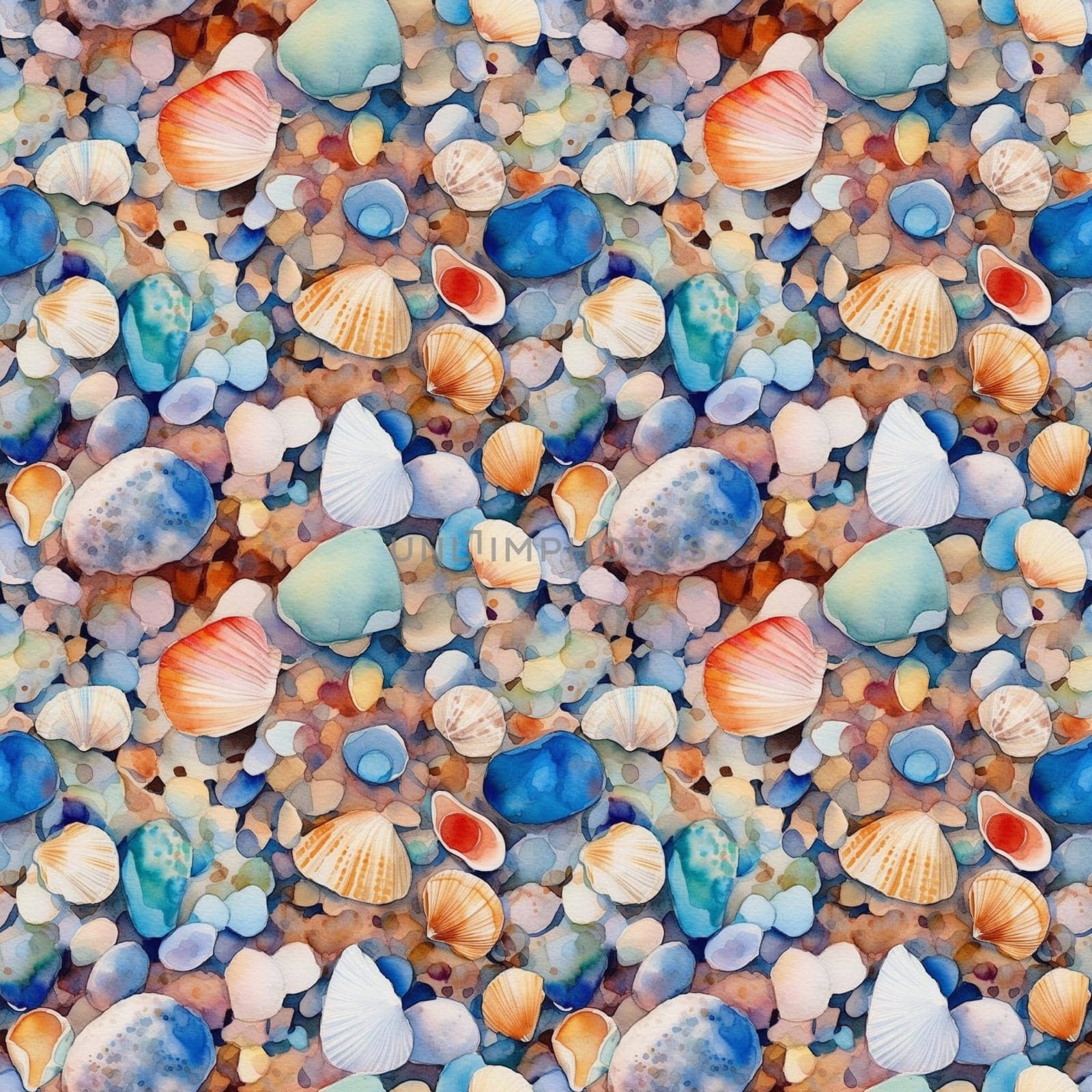 Seamless pattern: watercolor illustration of seashells and pebbles on the sand. generative ai by maclura