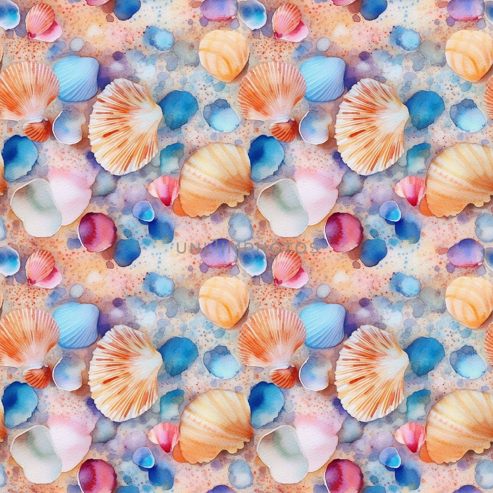 Seamless pattern: watercolor illustration of seashells and pebbles on the sand. generative ai by maclura