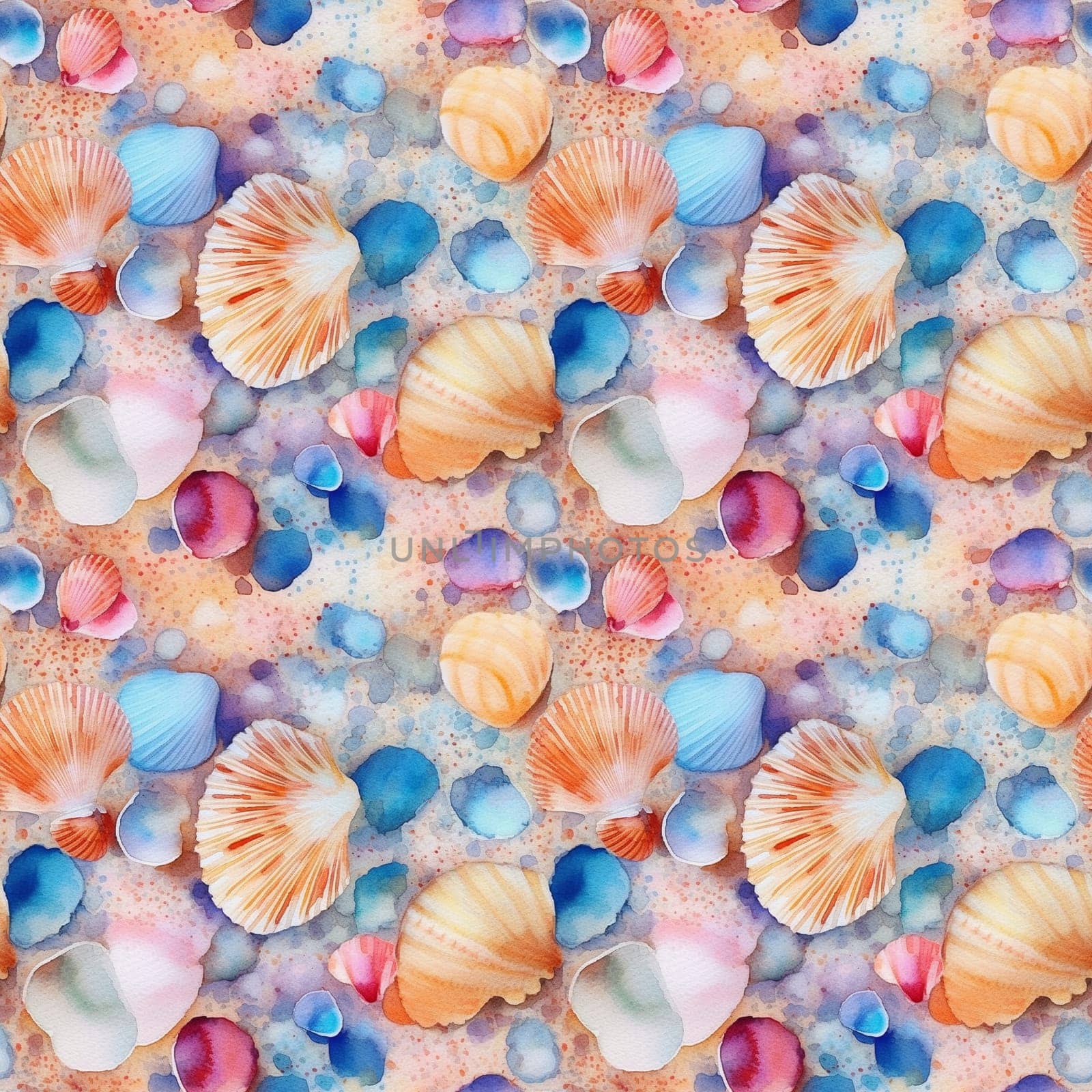 Seamless pattern: watercolor illustration of seashells and pebbles on the sand. Realistic drawing. generative ai