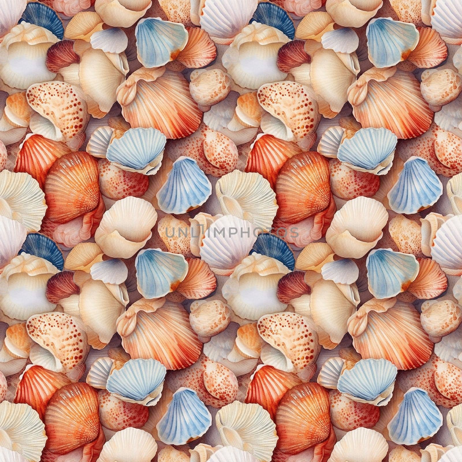 Seamless pattern: watercolor illustration of seashells and pebbles on the sand. Realistic drawing. generative ai