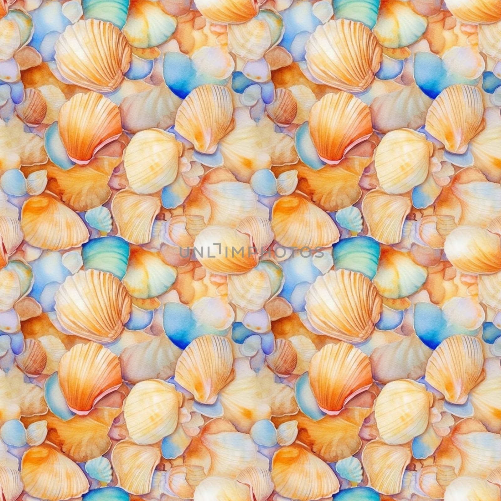 Seamless pattern: watercolor illustration of seashells and pebbles on the sand. generative ai by maclura