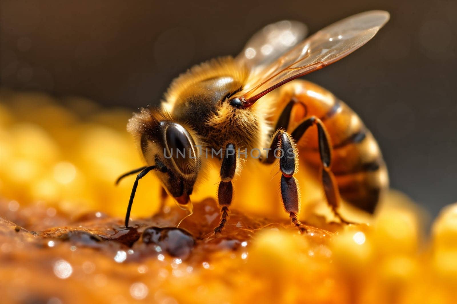 honeycomb insect closeup animal ai buzz shape pollen bee honey yellow nectar honeybee working flower gold beehive nature wildlife macro background. Generative AI.