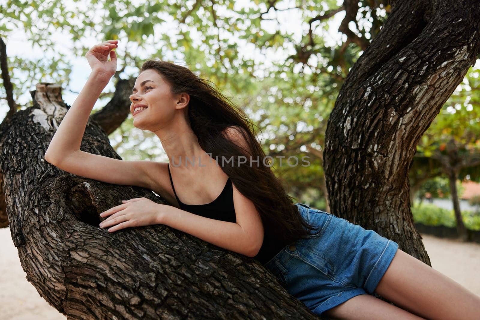 sitting woman vacation horizon holiday lifestyle sand beautiful freedom sea relax nature model paradise tree hat sunny hill smiling sky playing