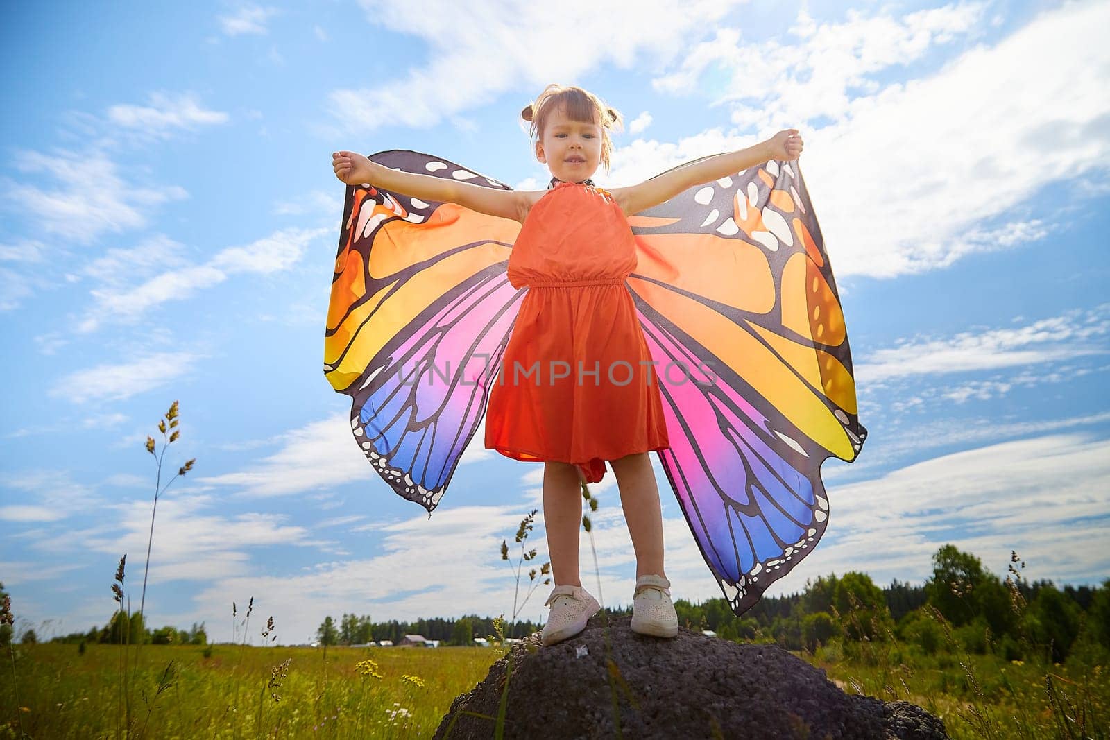 Portrait of little girl with Asian eyes and butterfly wings having fun and joy in meadow or field with grass and flowers on a sunny summer day by keleny