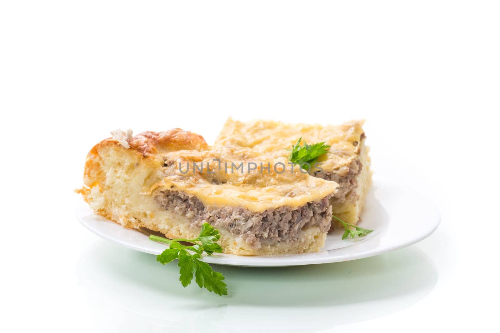 Cooked meat pie, pieces in a plate, isolated on a white background