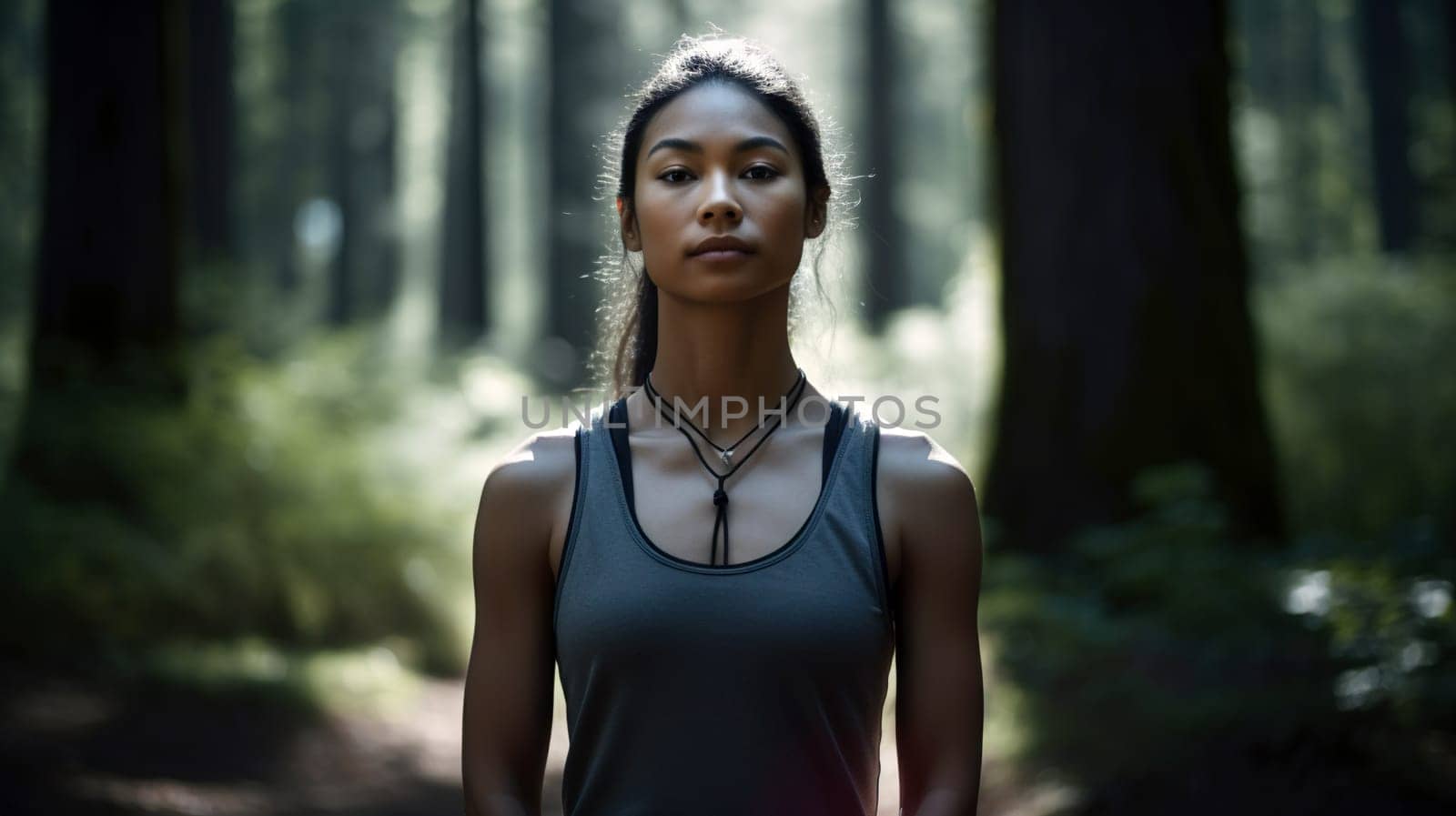 A young adult woman, of Asian ethnicity, wearing athletic attire, stands in a serene forest setting - generative AI - AI generated