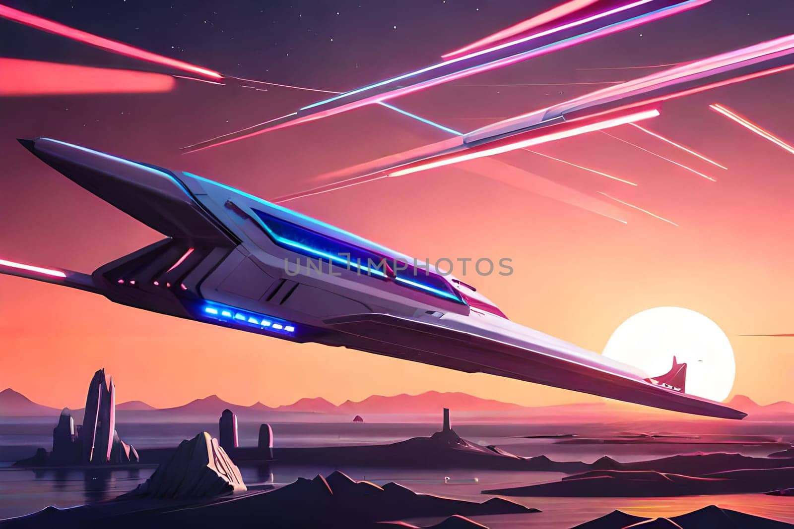 A futuristic scene with a spaceship in the distance and a planet in the background. flying passenger train. Future concept Generative AI