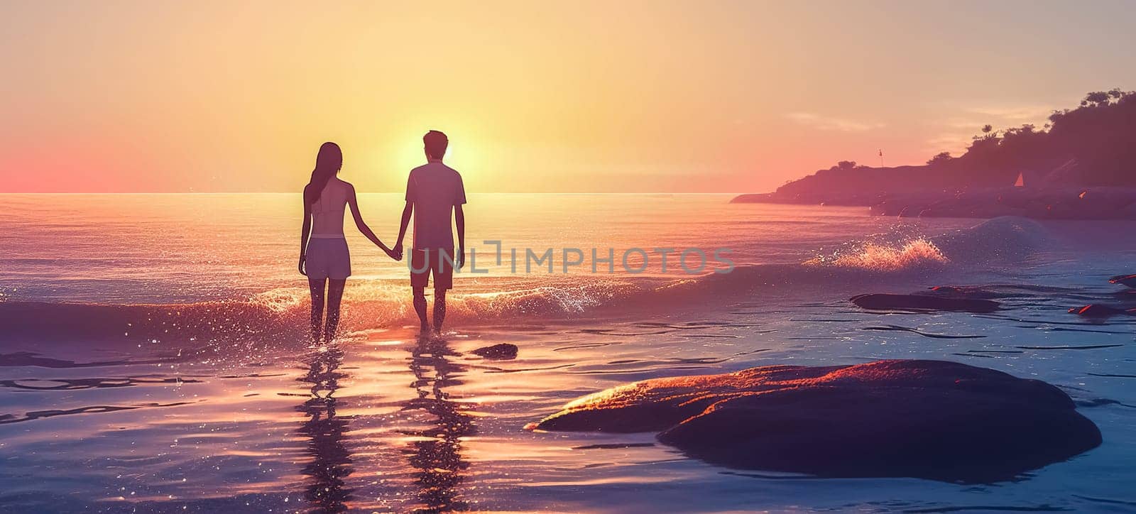 couple in love on the ocean shore at sunrise, banner with copy space, made with Generative AI by Edophoto