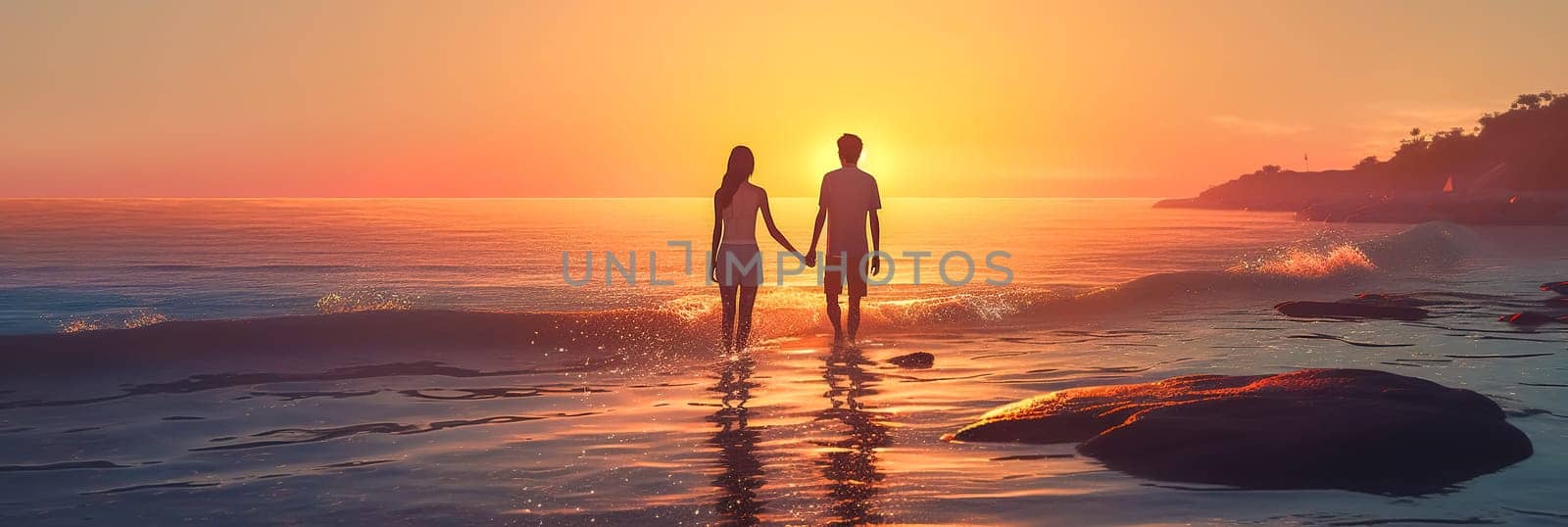 honeymoon, couple in love on the ocean shore at sunset, banner with copy space, made with Generative AI by Edophoto