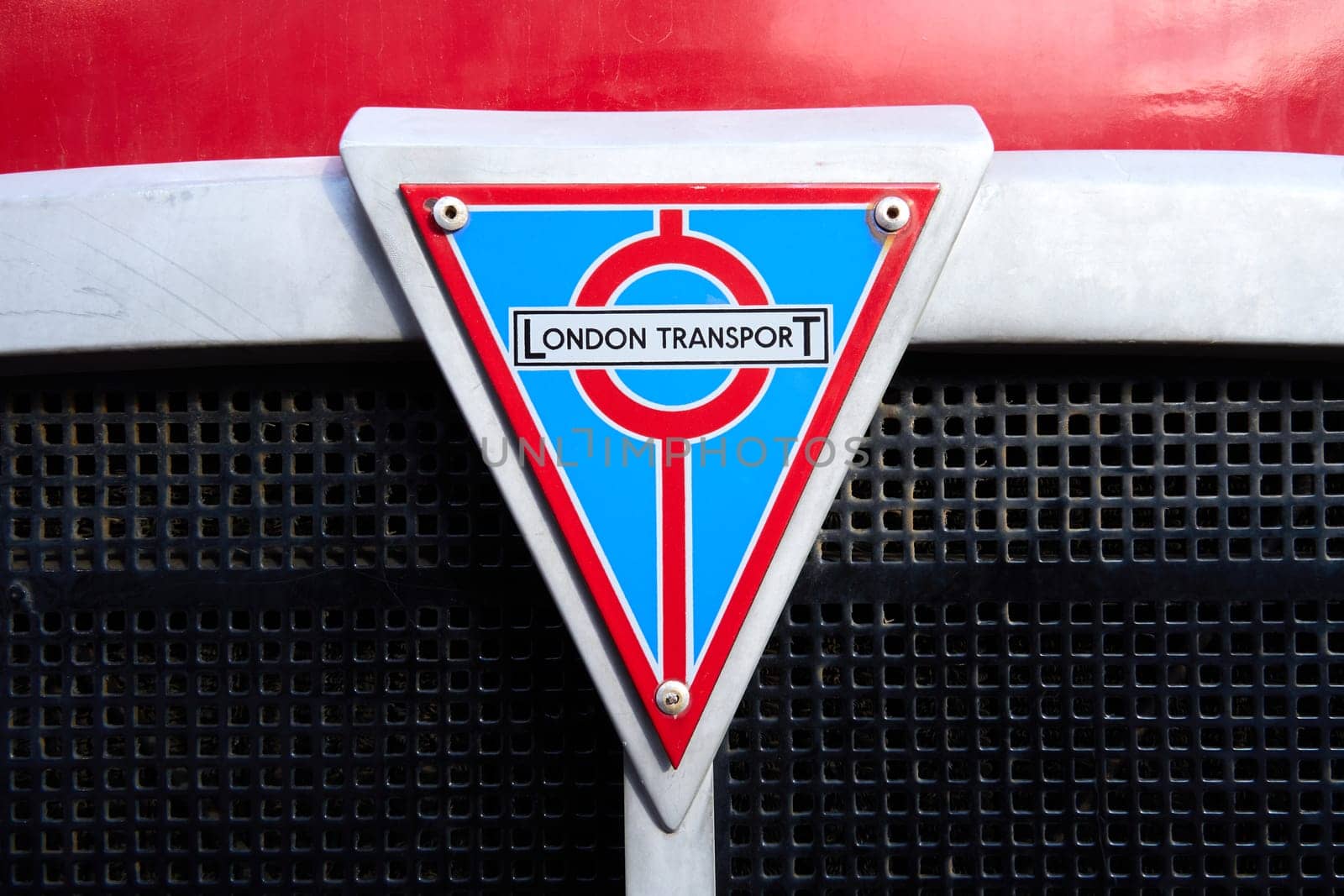 Ryazan, Russia - May 22, 2023: Front grille of a vintage London bus close-up. London Transport Sign at front of London Double Decker Bus