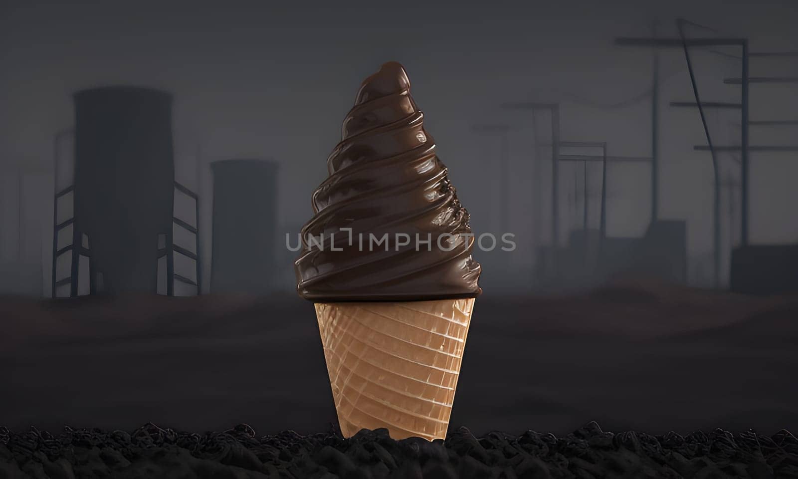 Chocolate ice-cream cone on industrial background.Generative ai