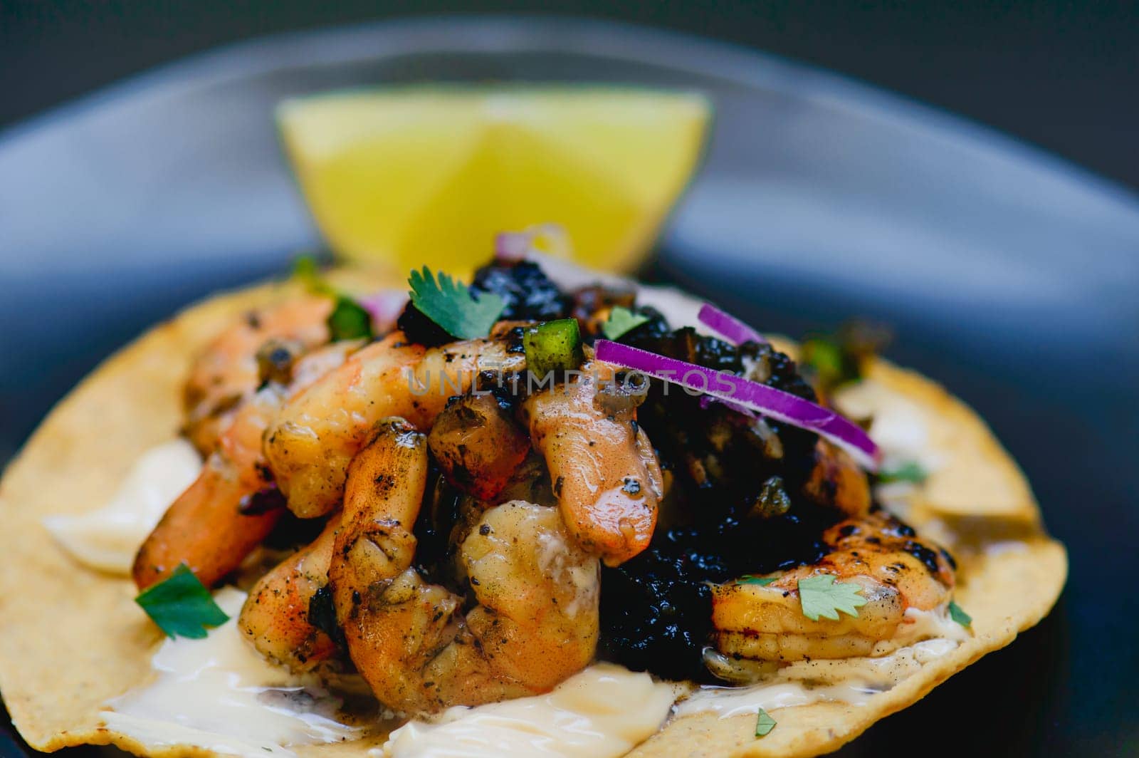 Black shrimp ceviche, Mexican seafood dish made with fresh shrimp, chili ashes and lime juice. Served on a crispy corn tostada and shot on black background.