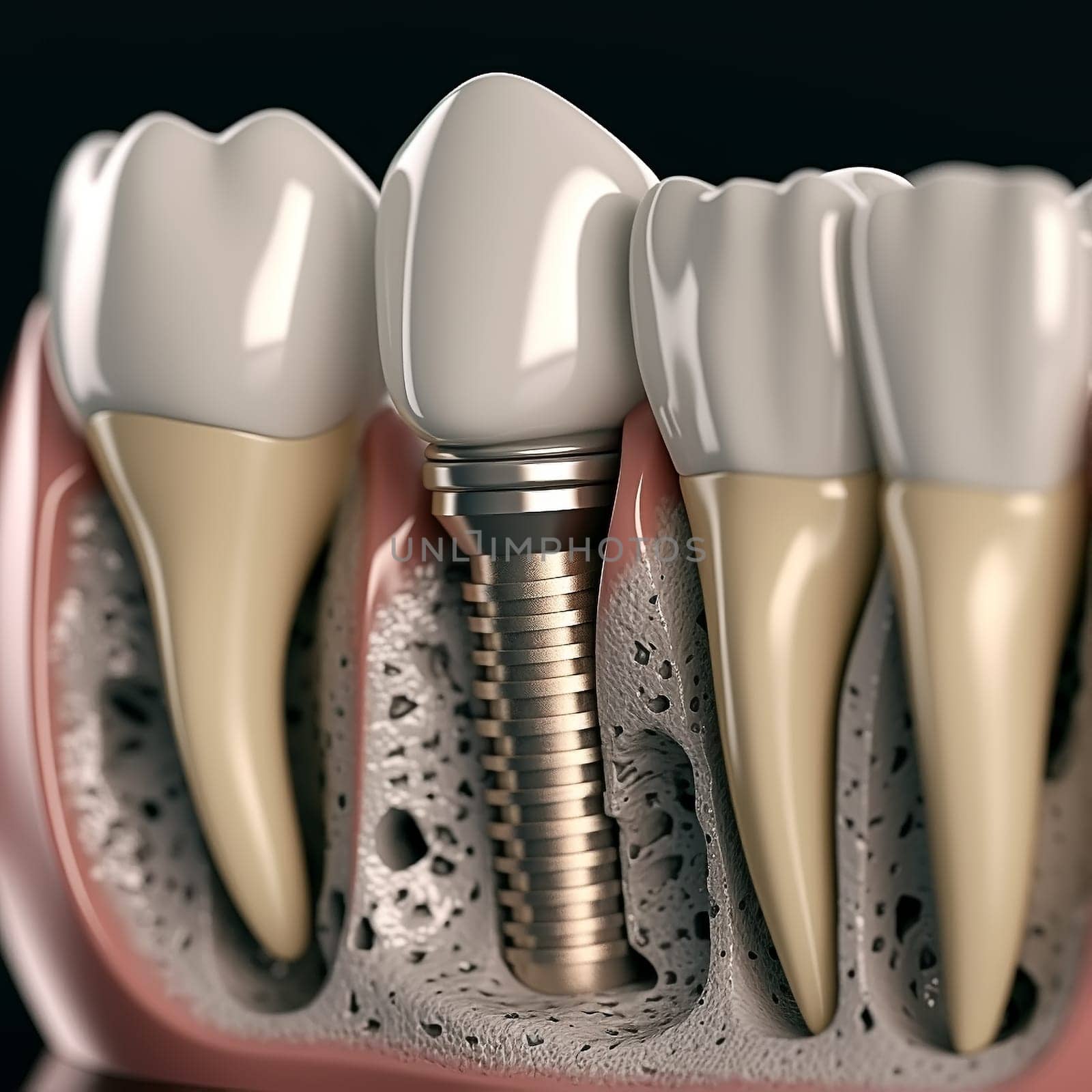 Anatomy of healthy teeth and tooth dental implant in human dentura. 3d illustration by sarymsakov